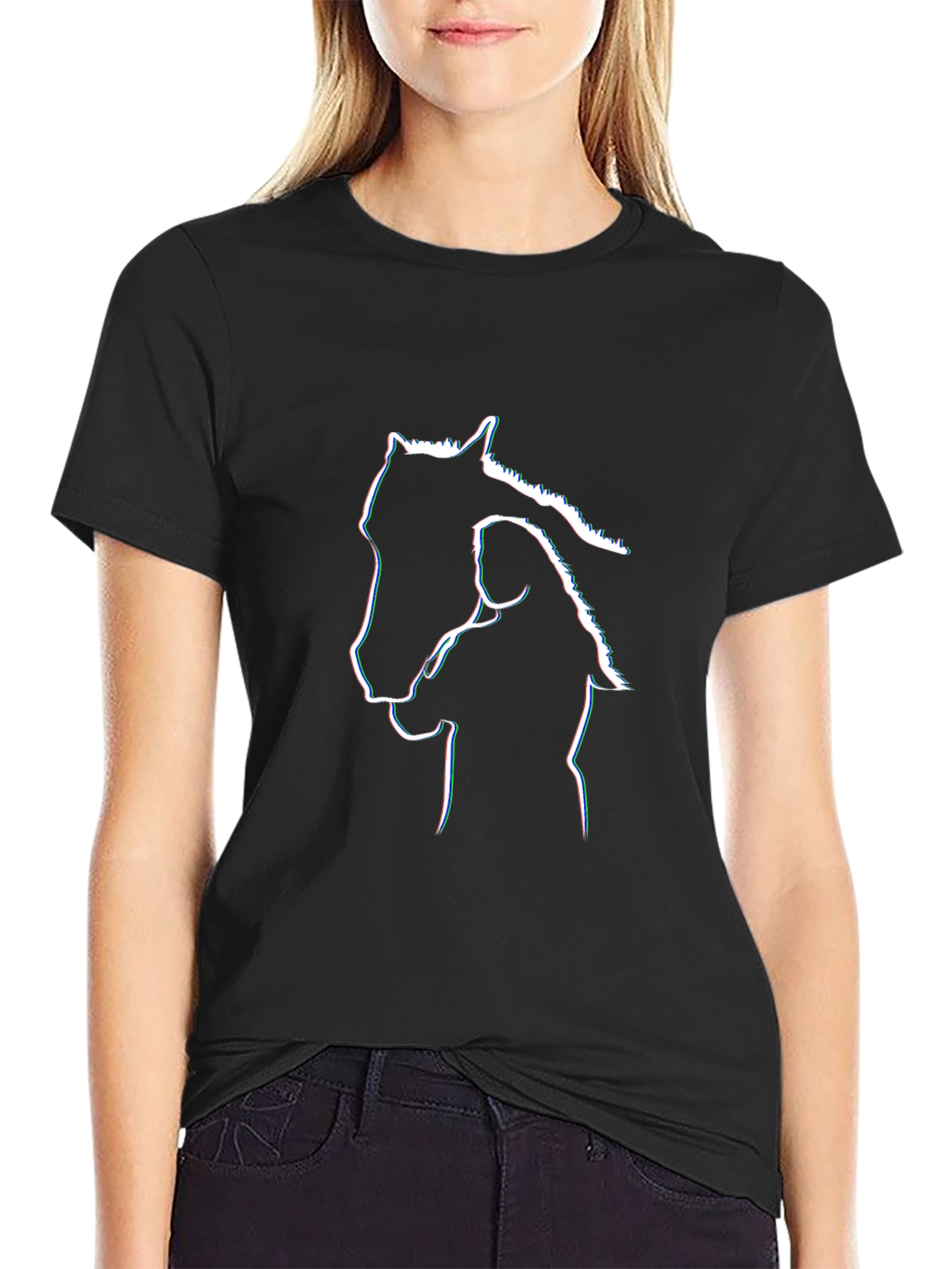 Horse & Girl Outline Graphic Black T-Shirt
