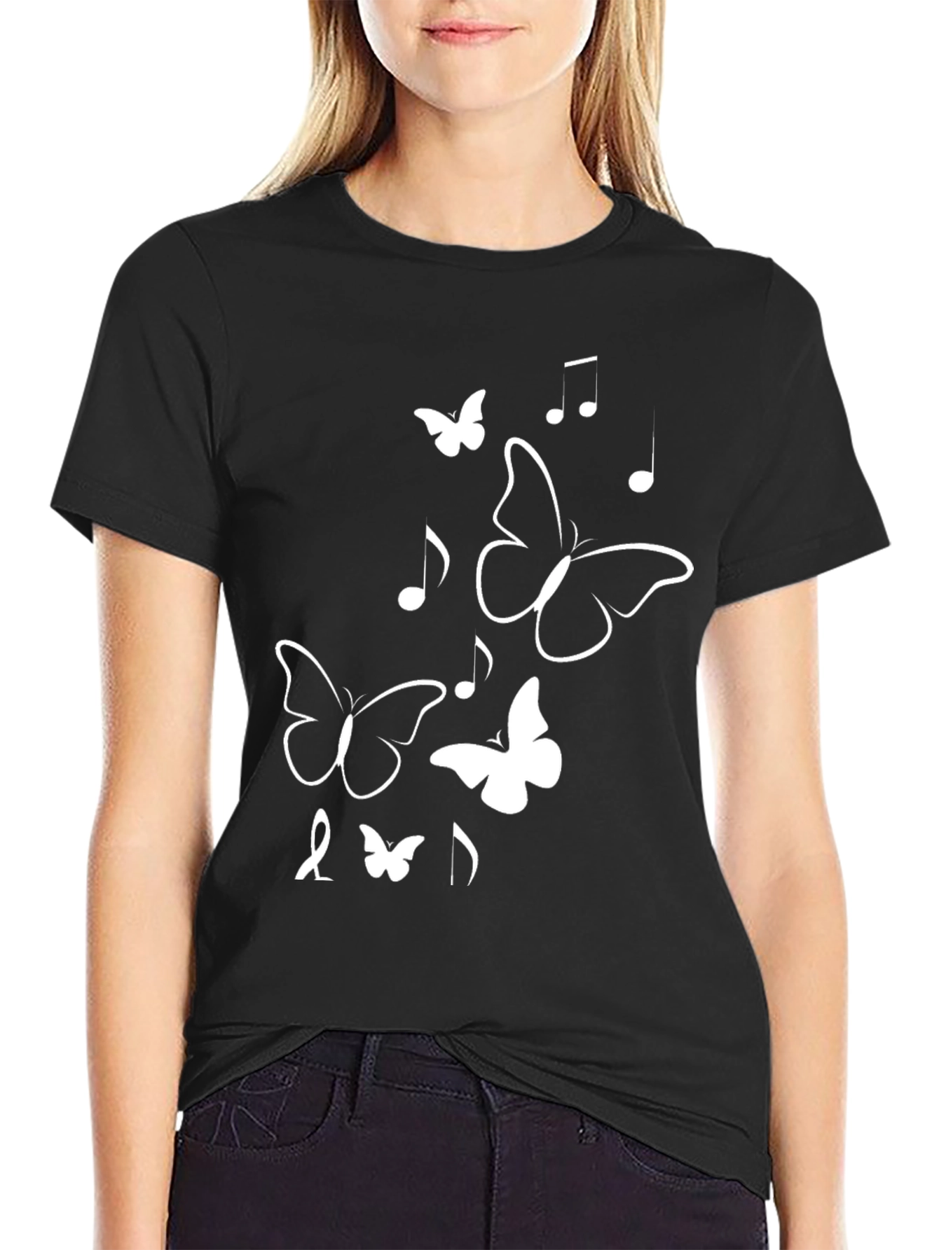 Butterfly & Music Note Graphic Tee - Black