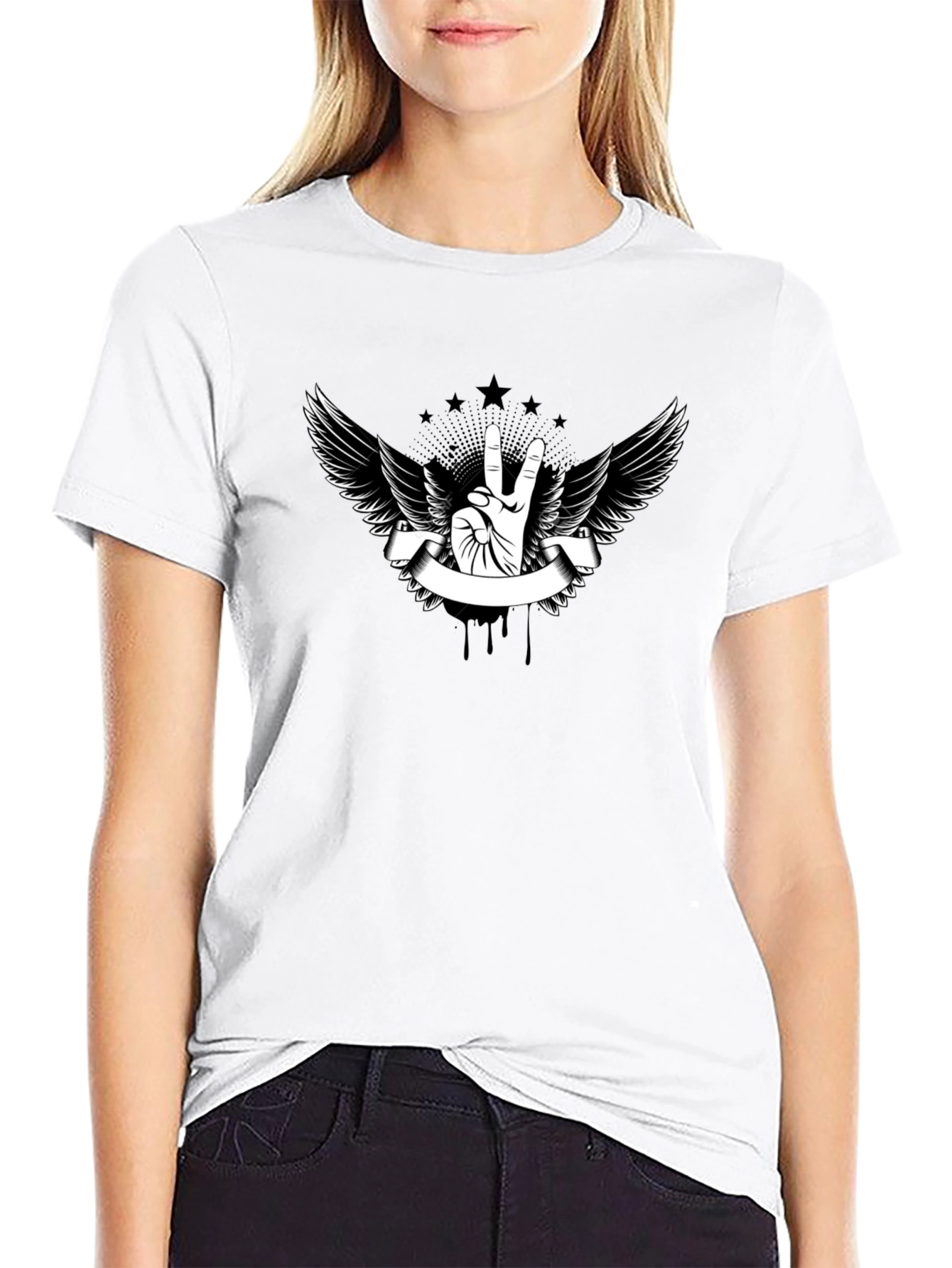 Black T-Shirt with Peace Sign Wings Graphic