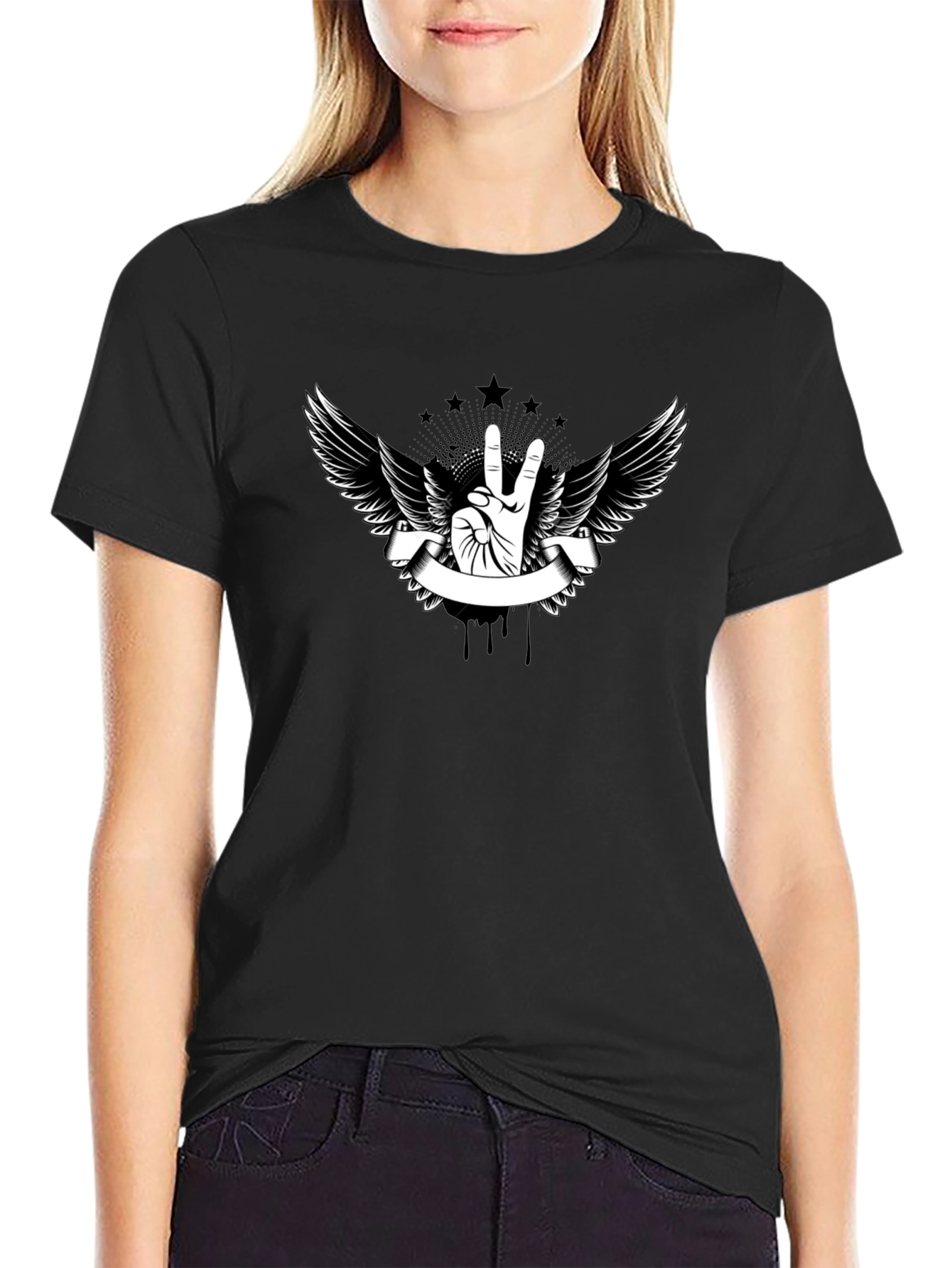 Black T-Shirt with Peace Sign Wings Graphic