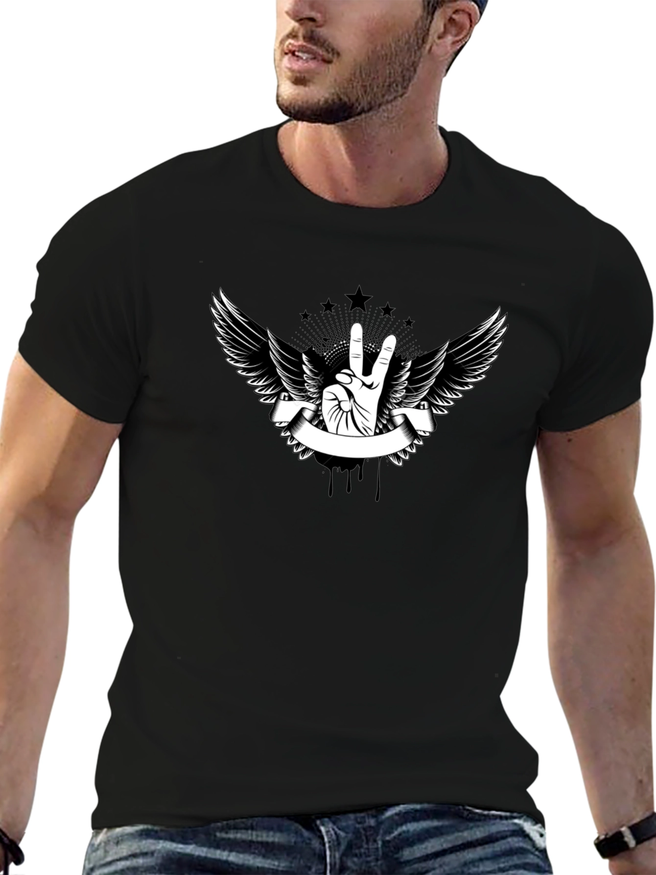 Black T-Shirt with Peace Sign Wings Graphic