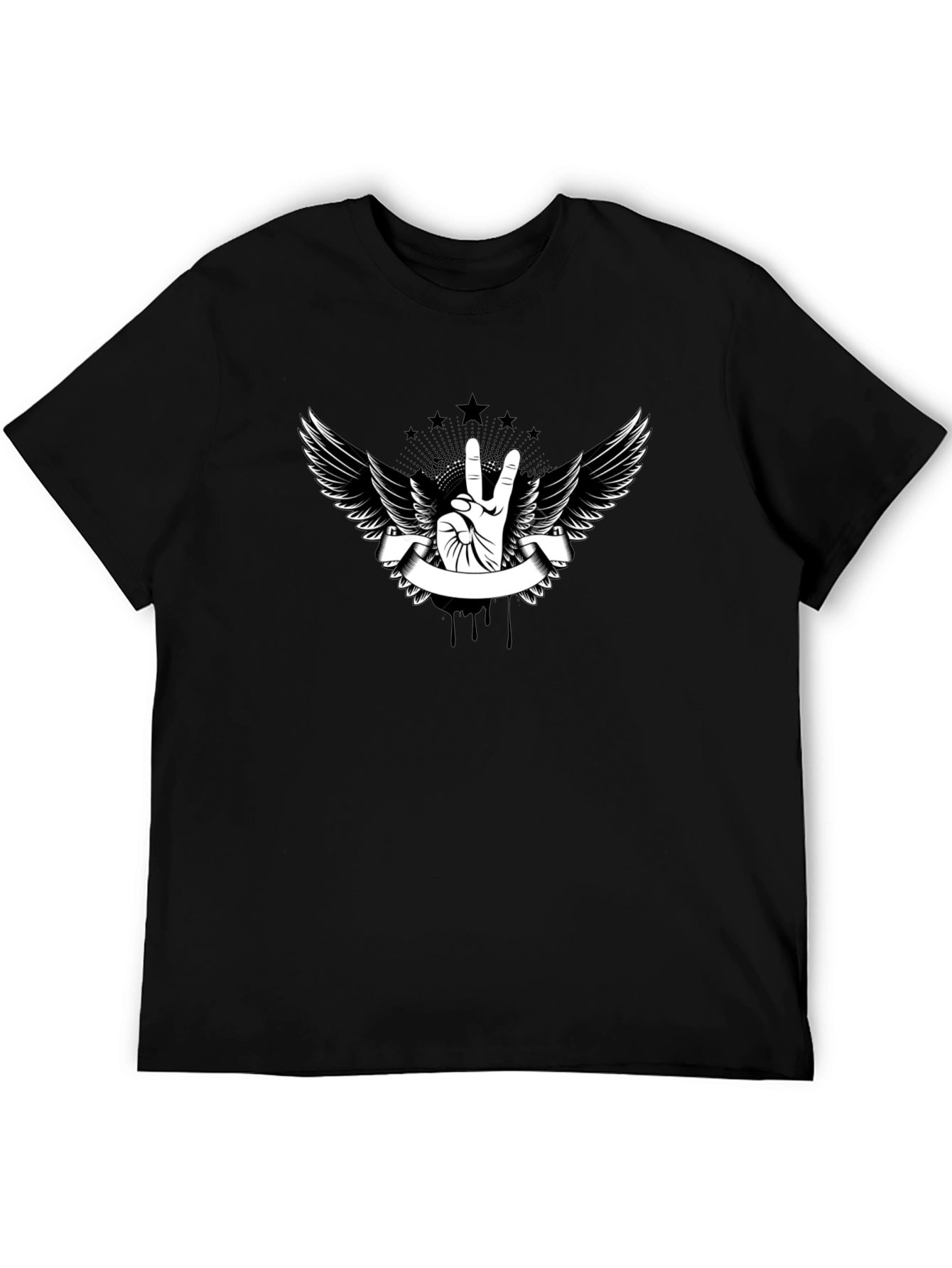 Black T-Shirt with Peace Sign Wings Graphic