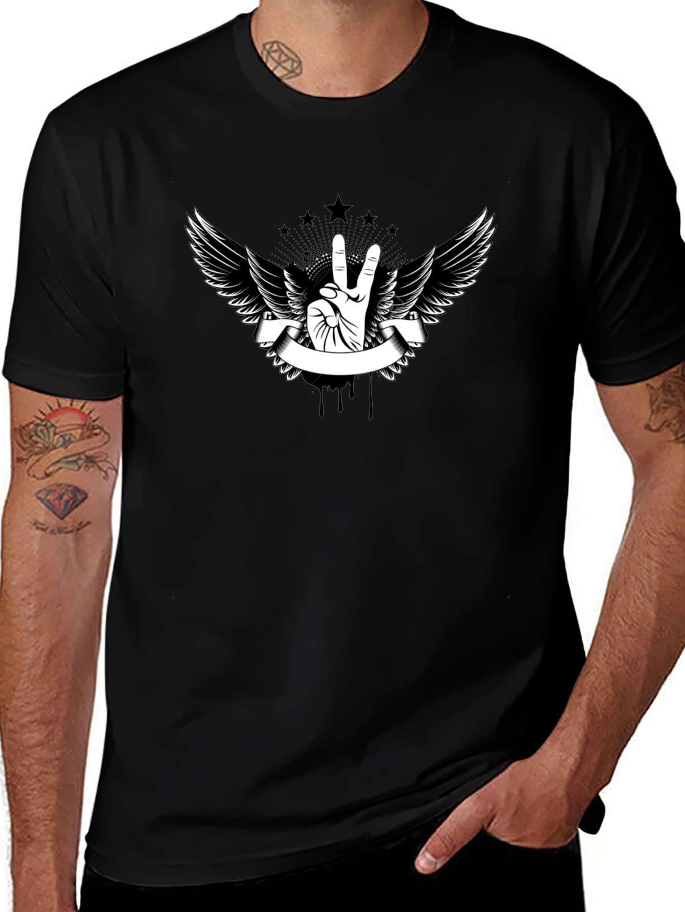 Black T-Shirt with Peace Sign Wings Graphic