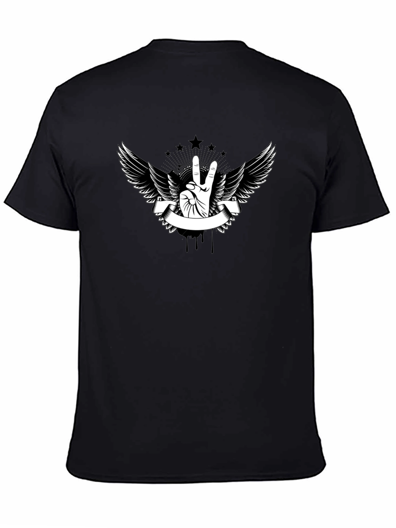 Black T-Shirt with Peace Sign Wings Graphic