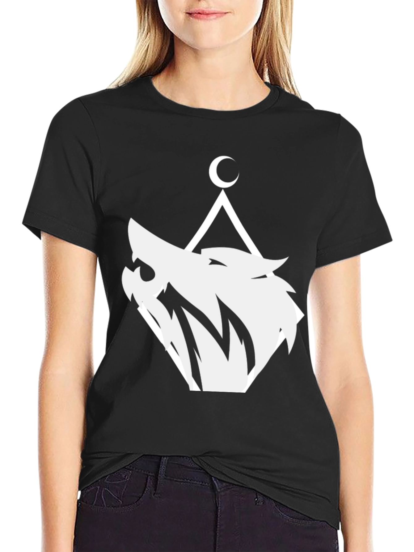 Geometric Wolf Moon Graphic T-Shirt - Black