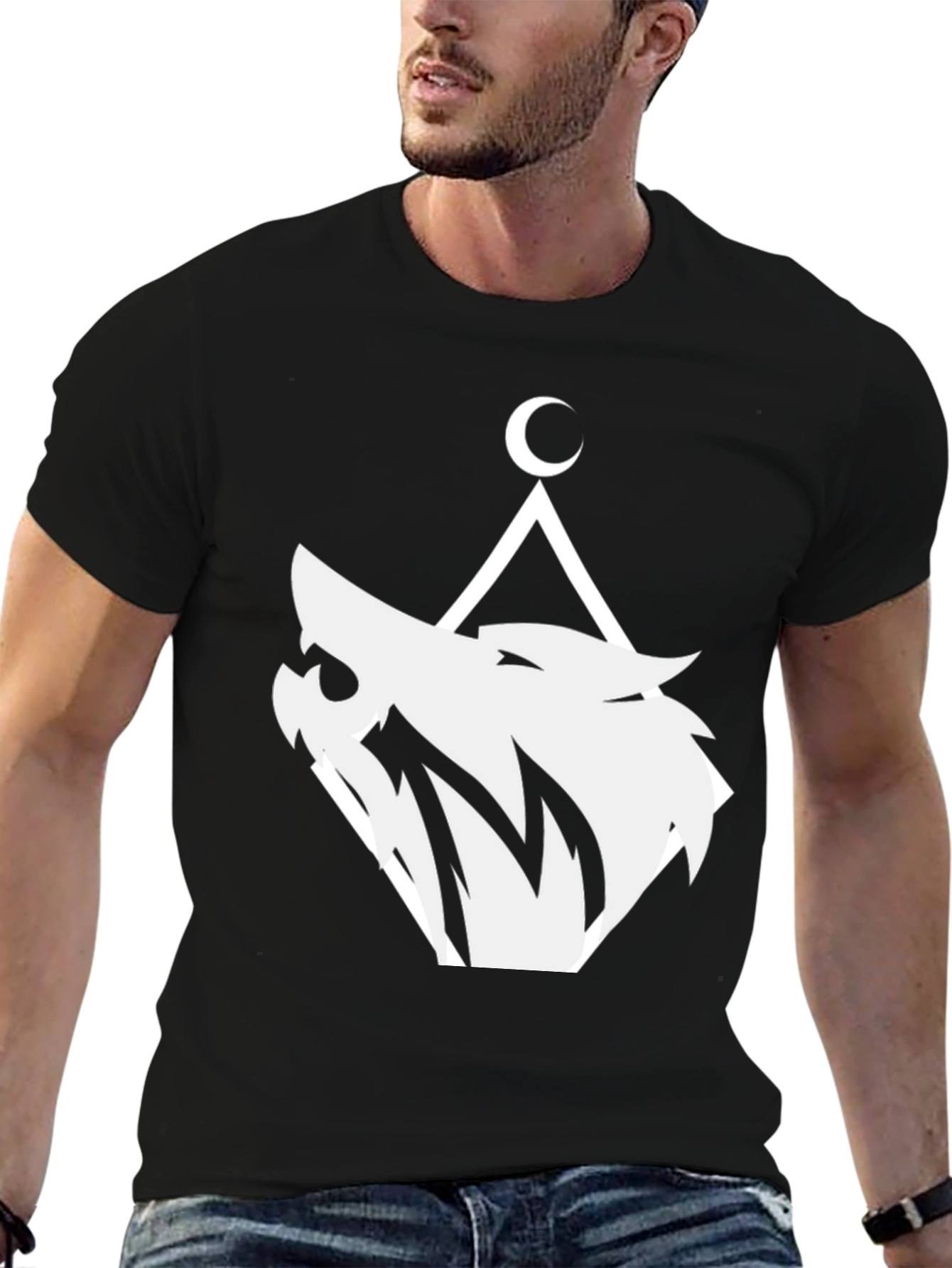 Geometric Wolf Moon Graphic T-Shirt - Black