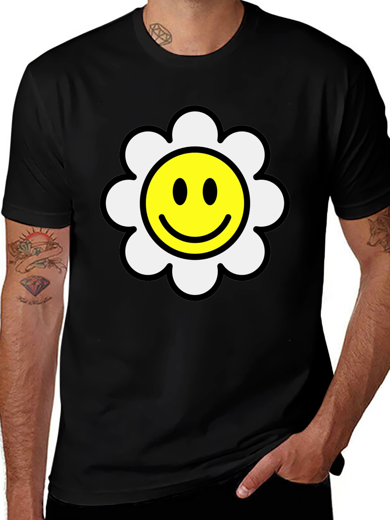Smiley Face Daisy Graphic T-Shirt - Black