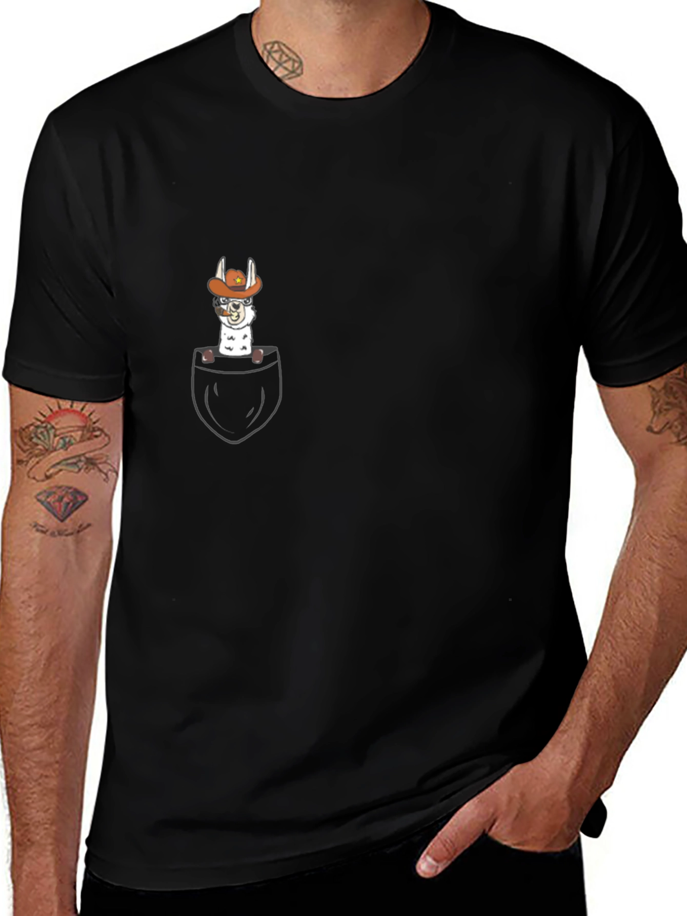 Llama Cowboy Pocket Graphic T-Shirt - Black