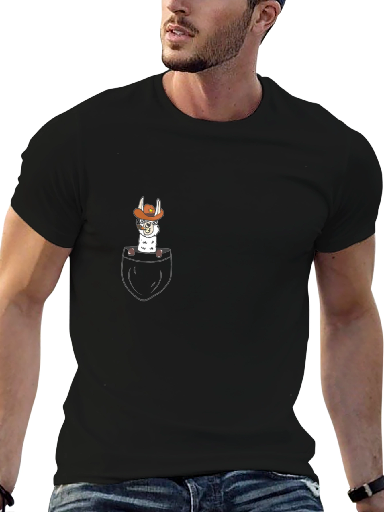Llama Cowboy Pocket Graphic T-Shirt - Black