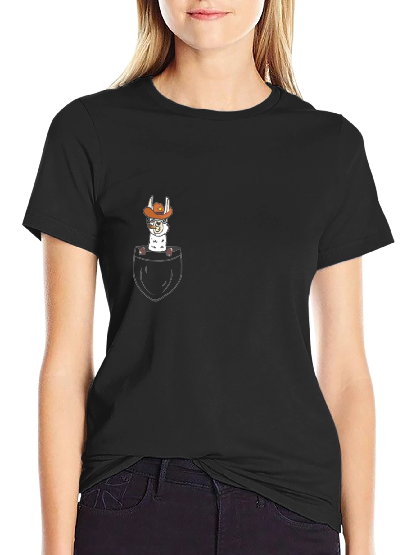 Llama Cowboy Pocket Graphic T-Shirt - Black