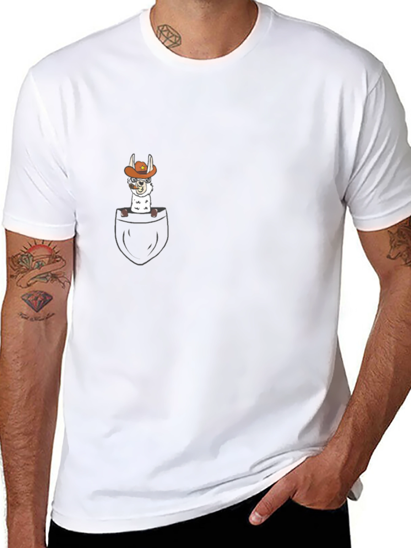 Llama Cowboy Pocket Graphic T-Shirt - Black