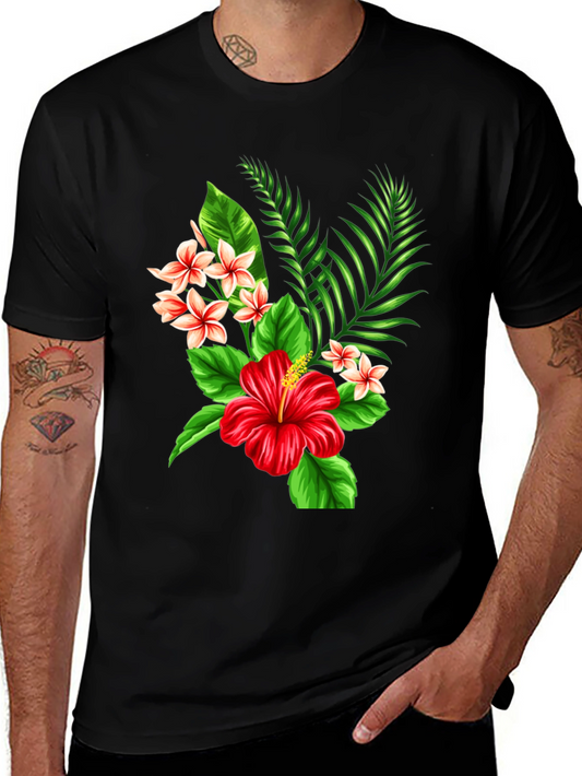 Tropical Floral T-Shirt - Red Hibiscus & Plumeria Design