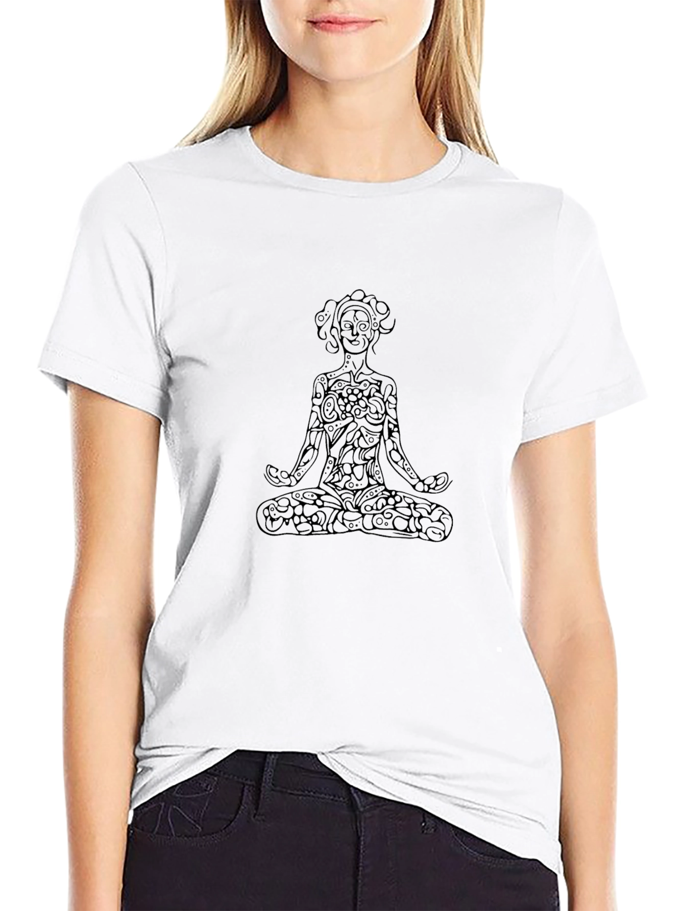 Meditative Floral Yoga T-Shirt - Black