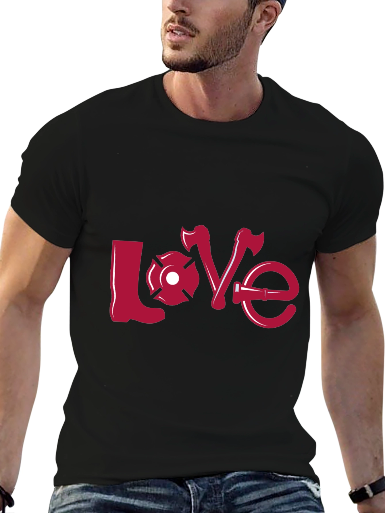Firefighter Love Graphic Tee - Black Crew Neck Shirt