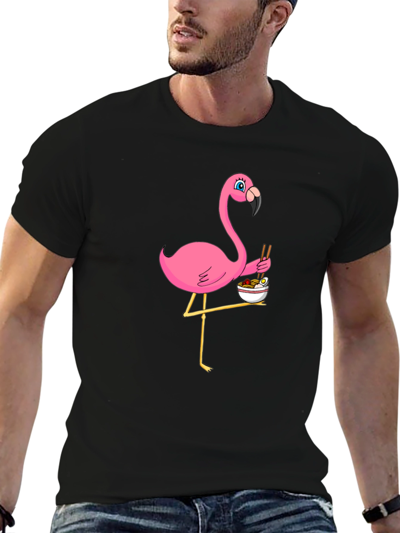 Flamingo Ramen Black T-Shirt - Whimsical Graphic Tee