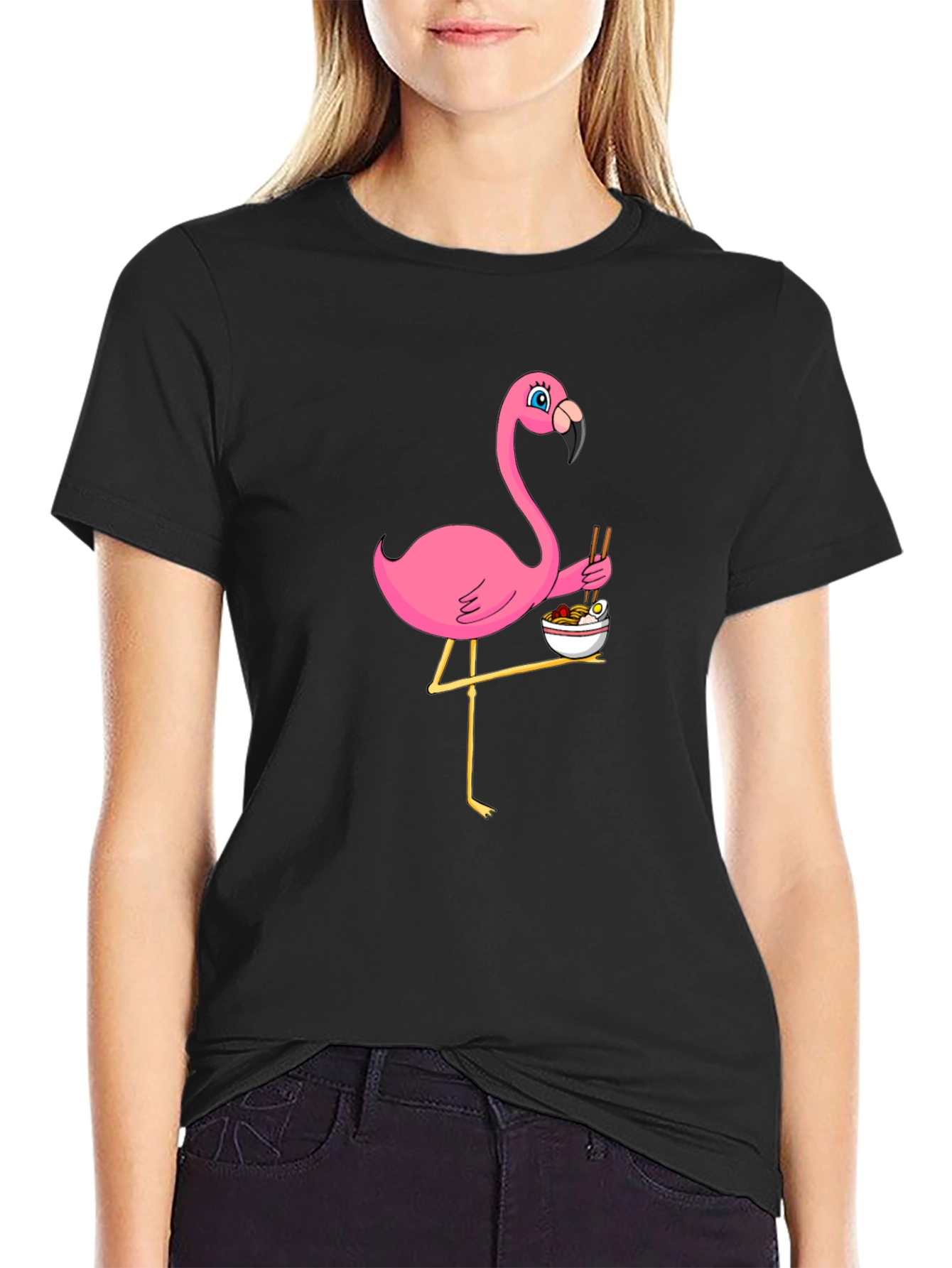 Flamingo Ramen Black T-Shirt - Whimsical Graphic Tee