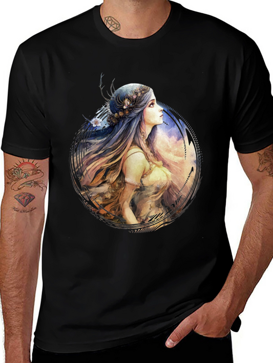 Watercolor Woman Portrait Black T-Shirt