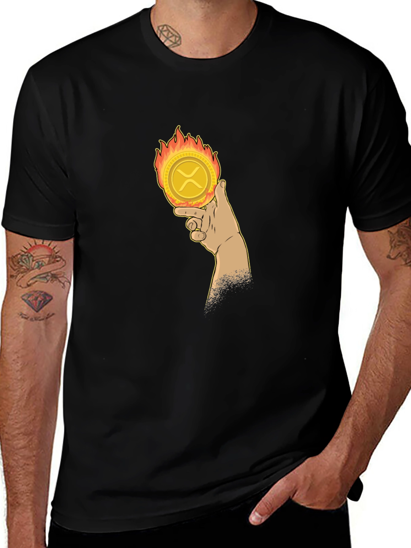 Fiery Crypto Tee: Ripple XRP in Hand T-Shirt