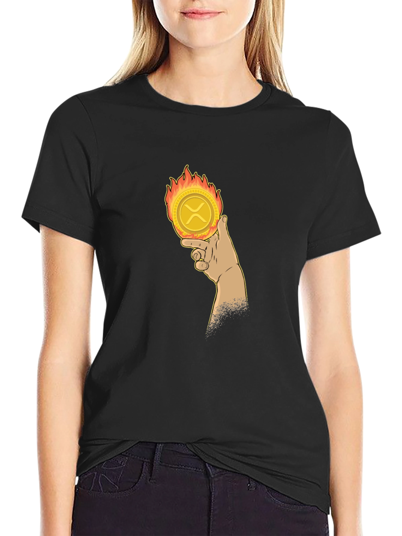 Fiery Crypto Tee: Ripple XRP in Hand T-Shirt