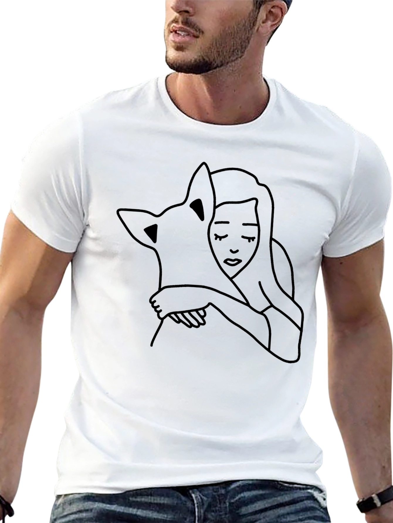 Black Graphic Tee - Woman & Dog Line Art