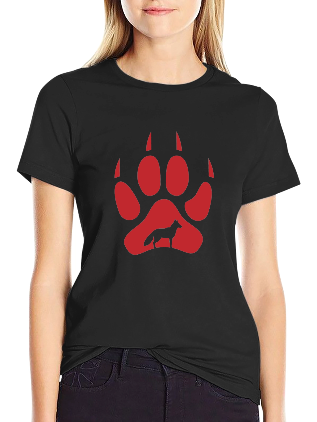 Wolf Paw Print Graphic Tee - Black Cotton Blend