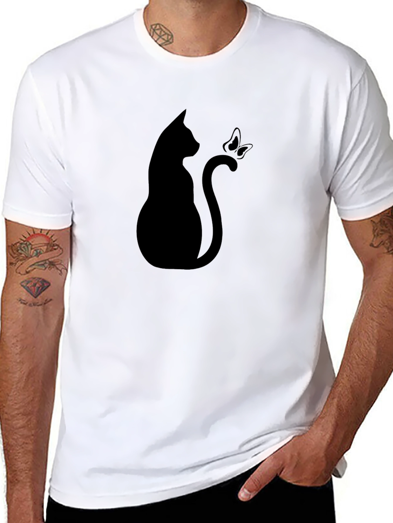 Cat & Butterfly Graphic Tee - Stylish Black T-Shirt
