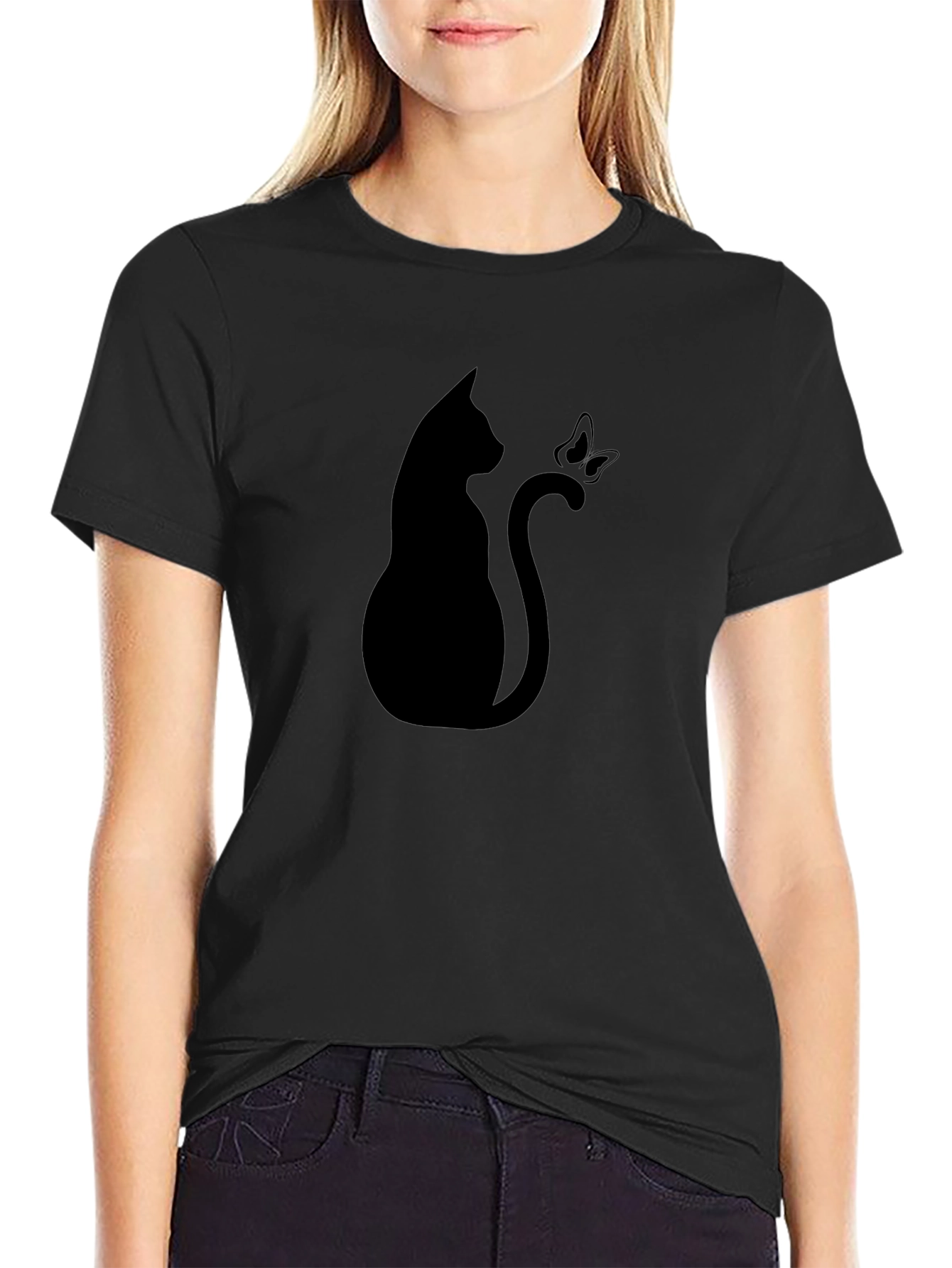 Cat & Butterfly Graphic Tee - Stylish Black T-Shirt