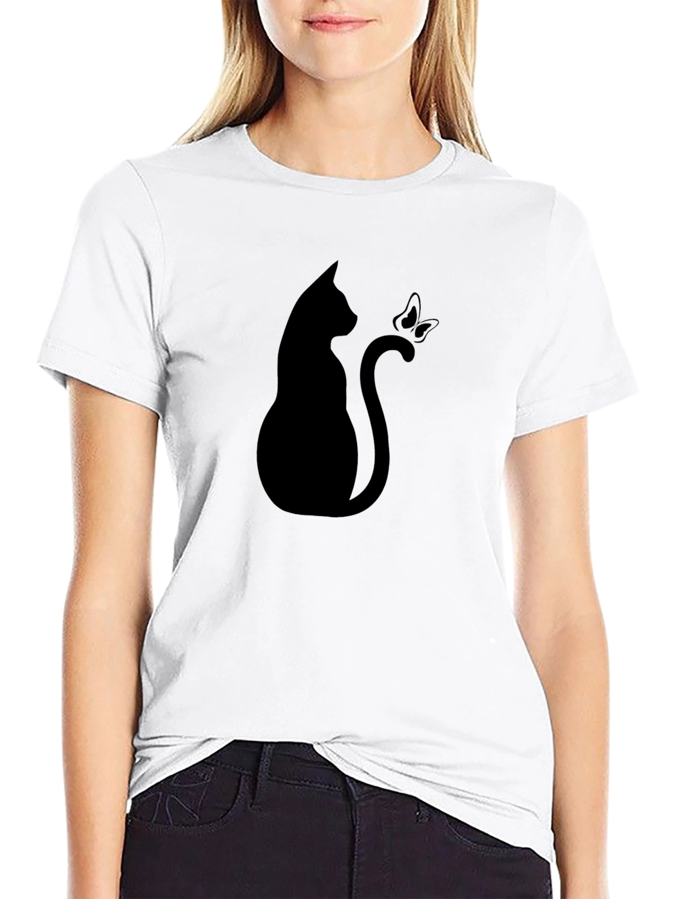 Cat & Butterfly Graphic Tee - Stylish Black T-Shirt