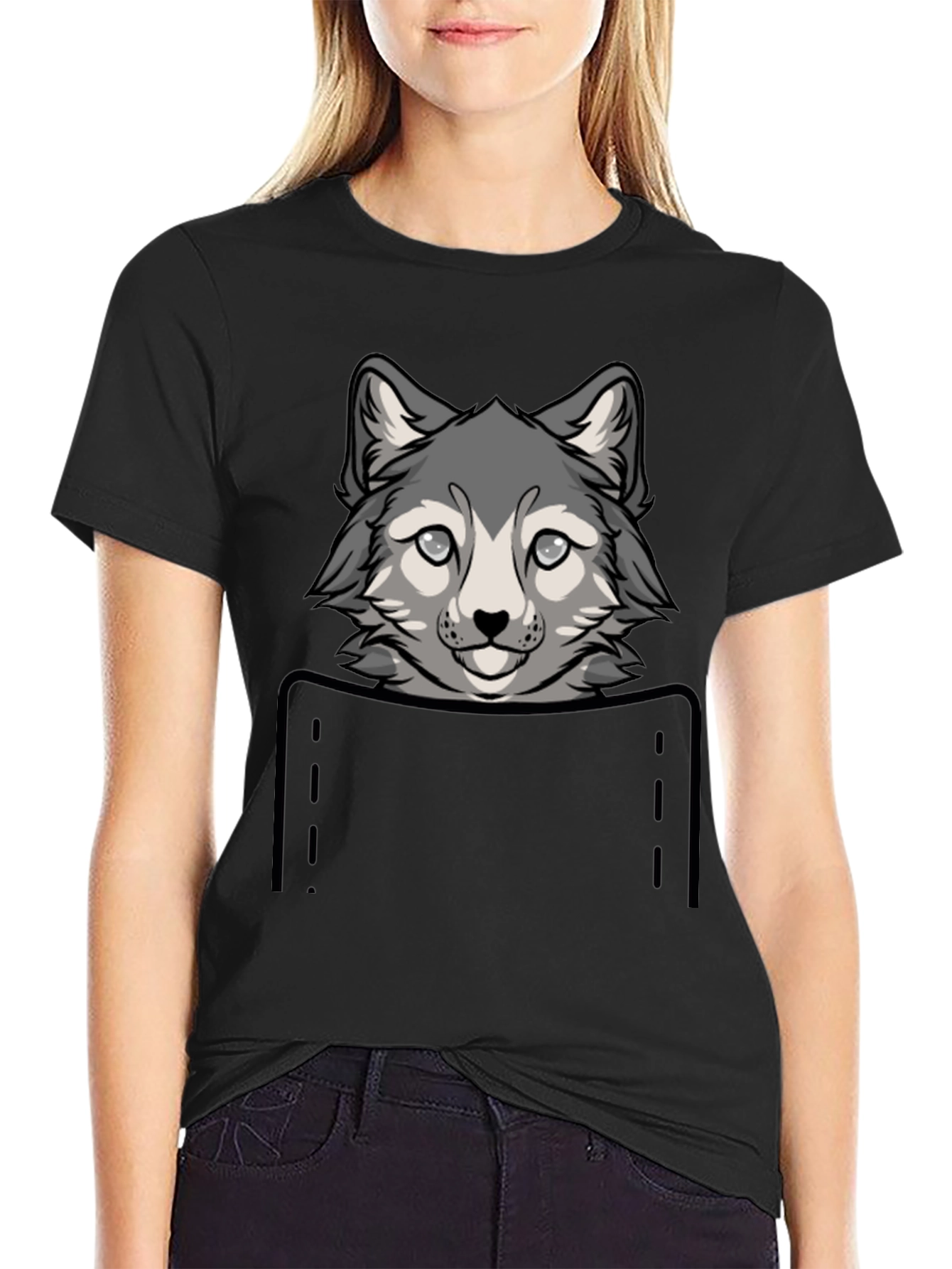 Wolf Pocket Graphic Tee - Cute Animal Design