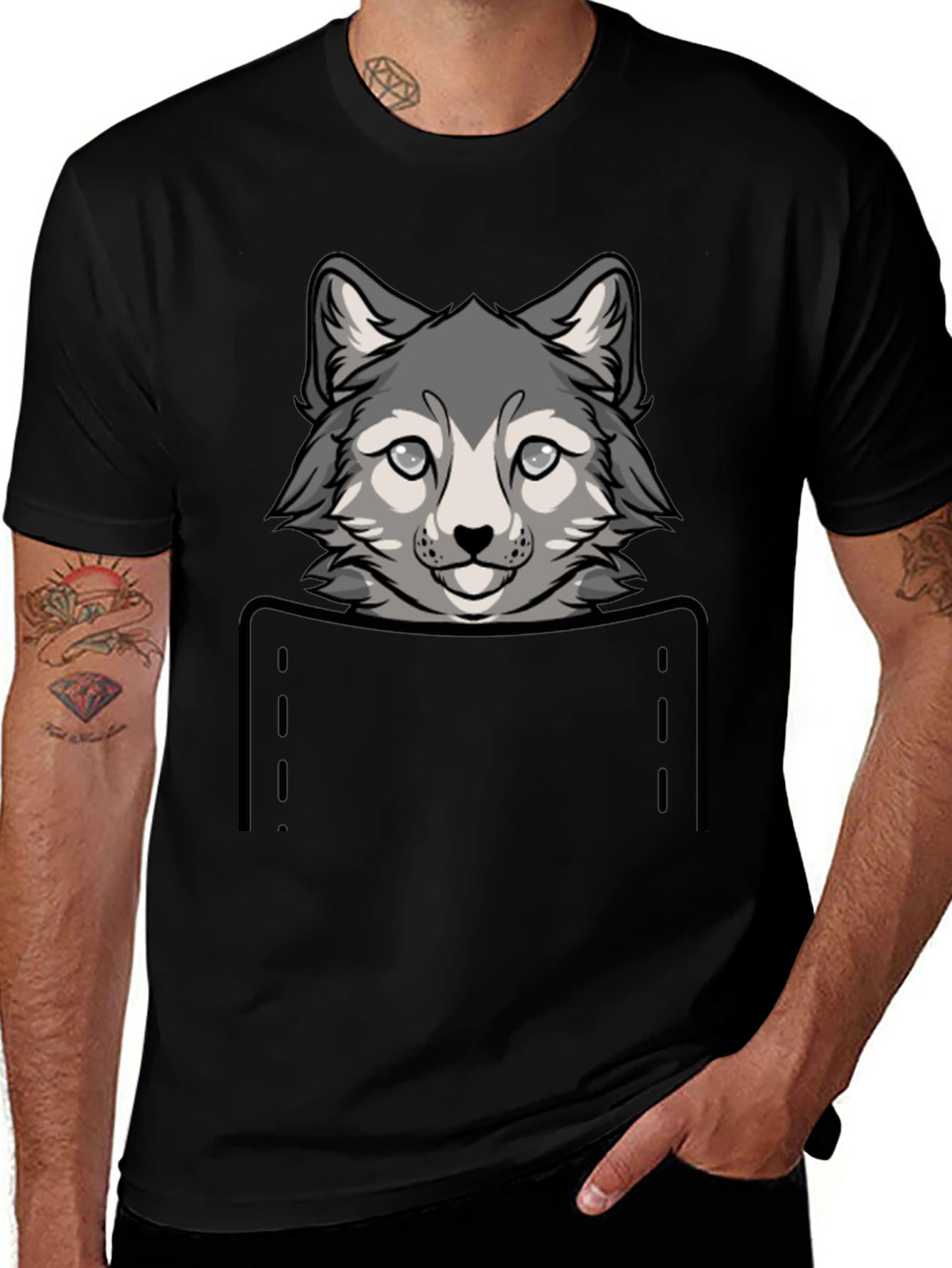 Wolf Pocket Graphic Tee - Cute Animal Design