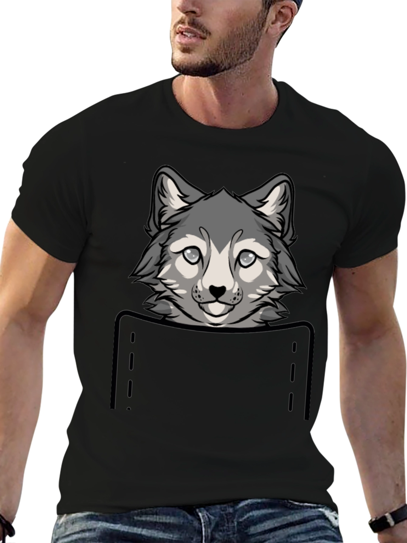 Wolf Pocket Graphic Tee - Cute Animal Design