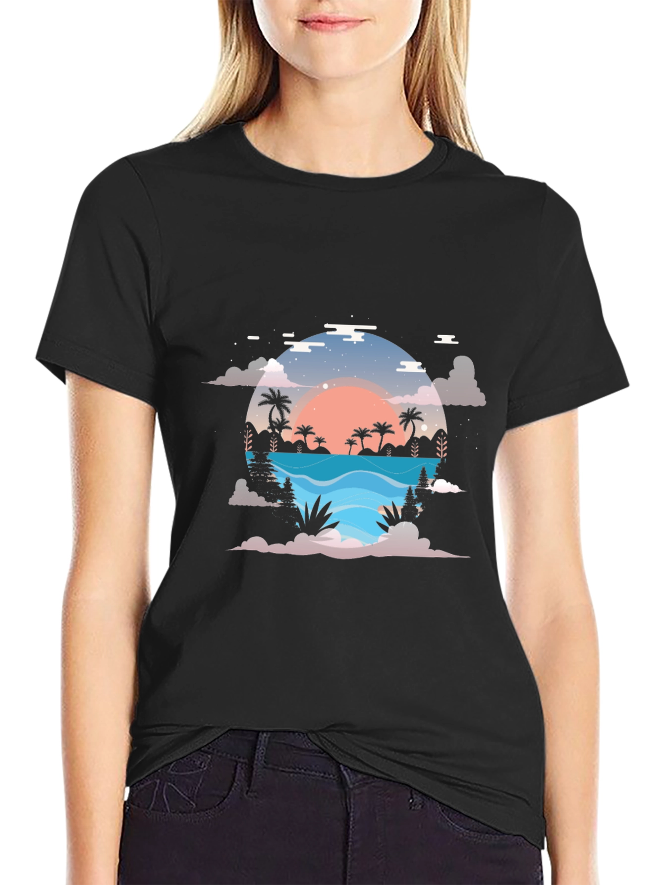 Sunset Paradise Graphic Tee - Black Cotton Blend Shirt