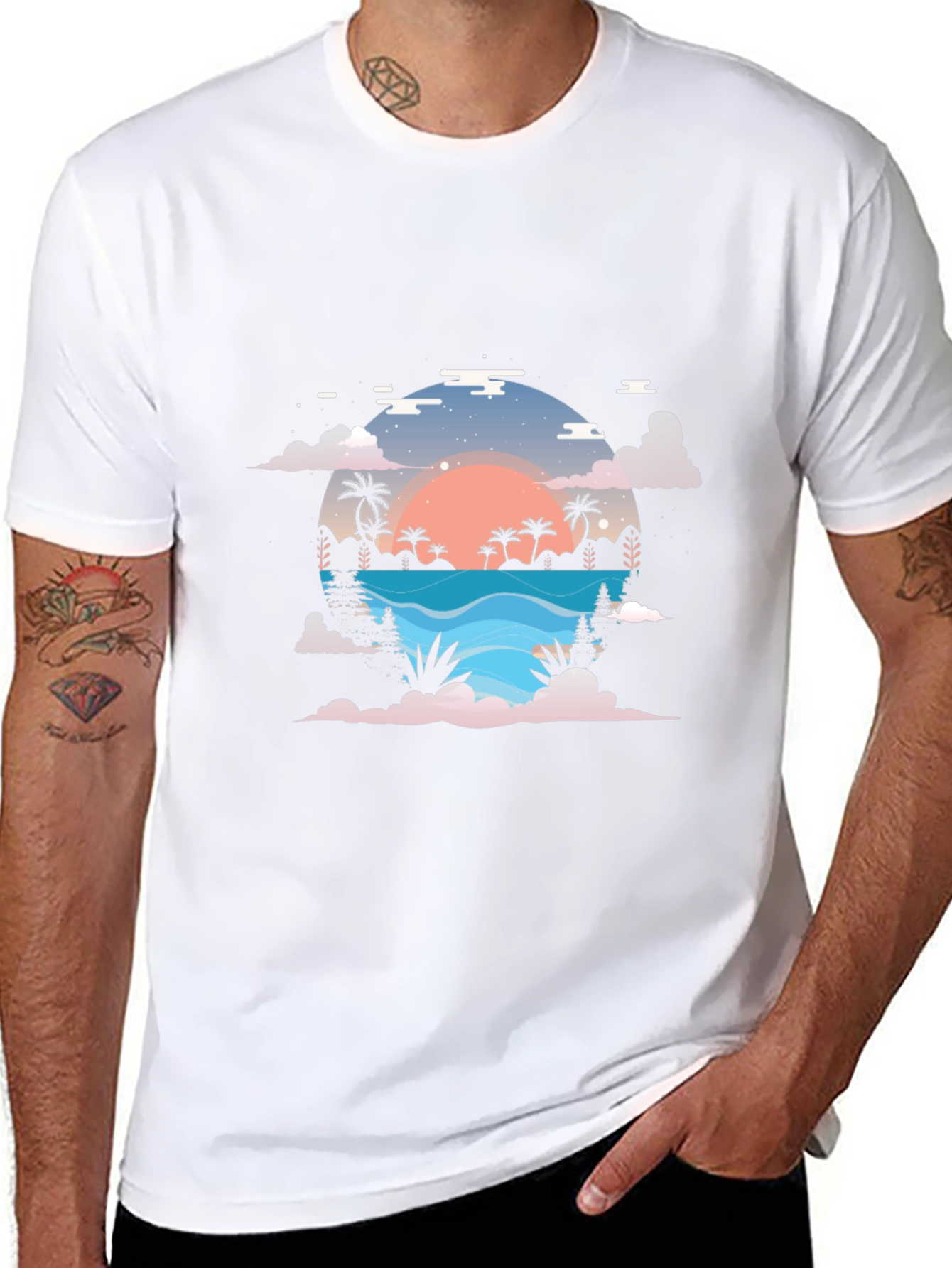 Sunset Paradise Graphic Tee - Black Cotton Blend Shirt
