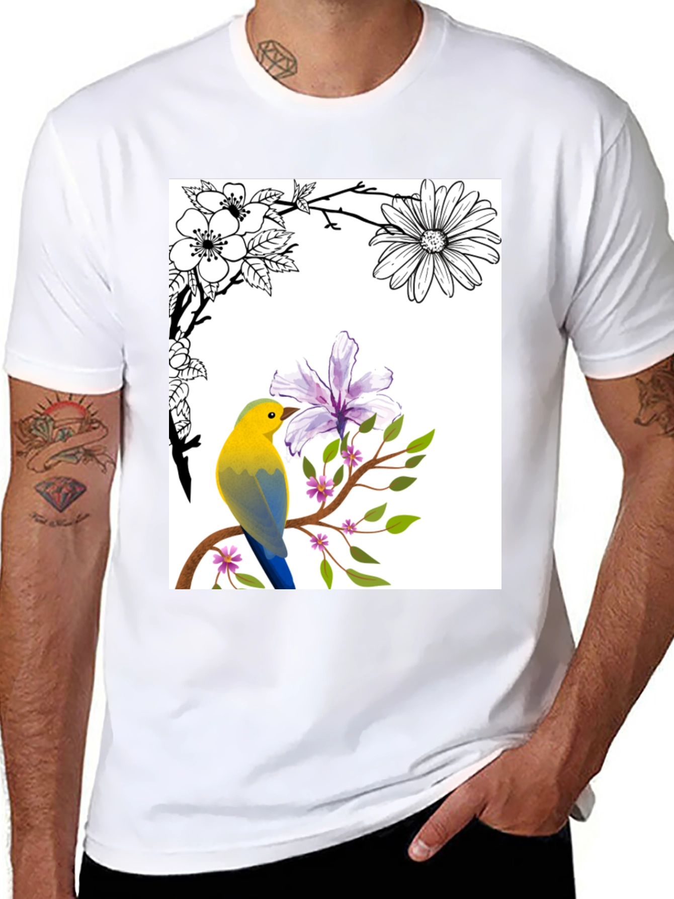 Floral Bird T-Shirt - Stylish Nature Graphic Tee
