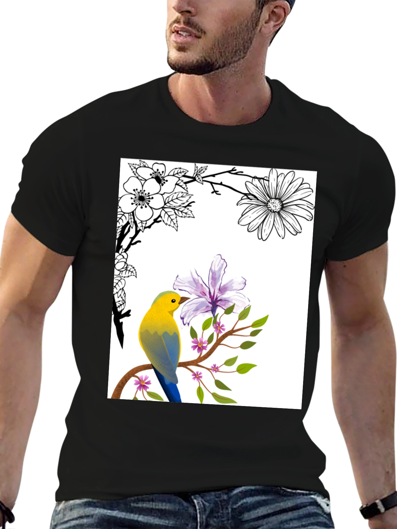 Floral Bird T-Shirt - Stylish Nature Graphic Tee