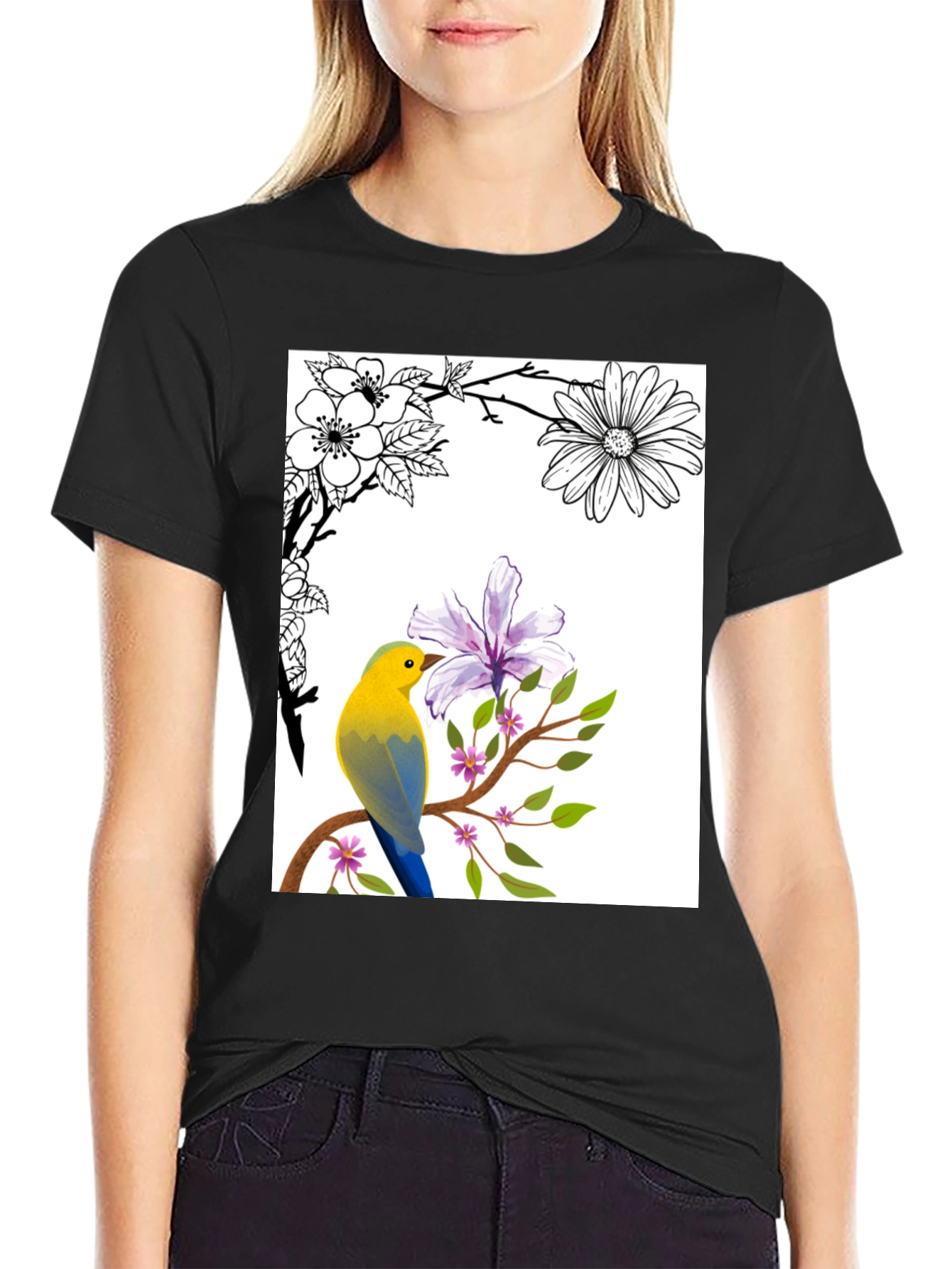 Floral Bird T-Shirt - Stylish Nature Graphic Tee