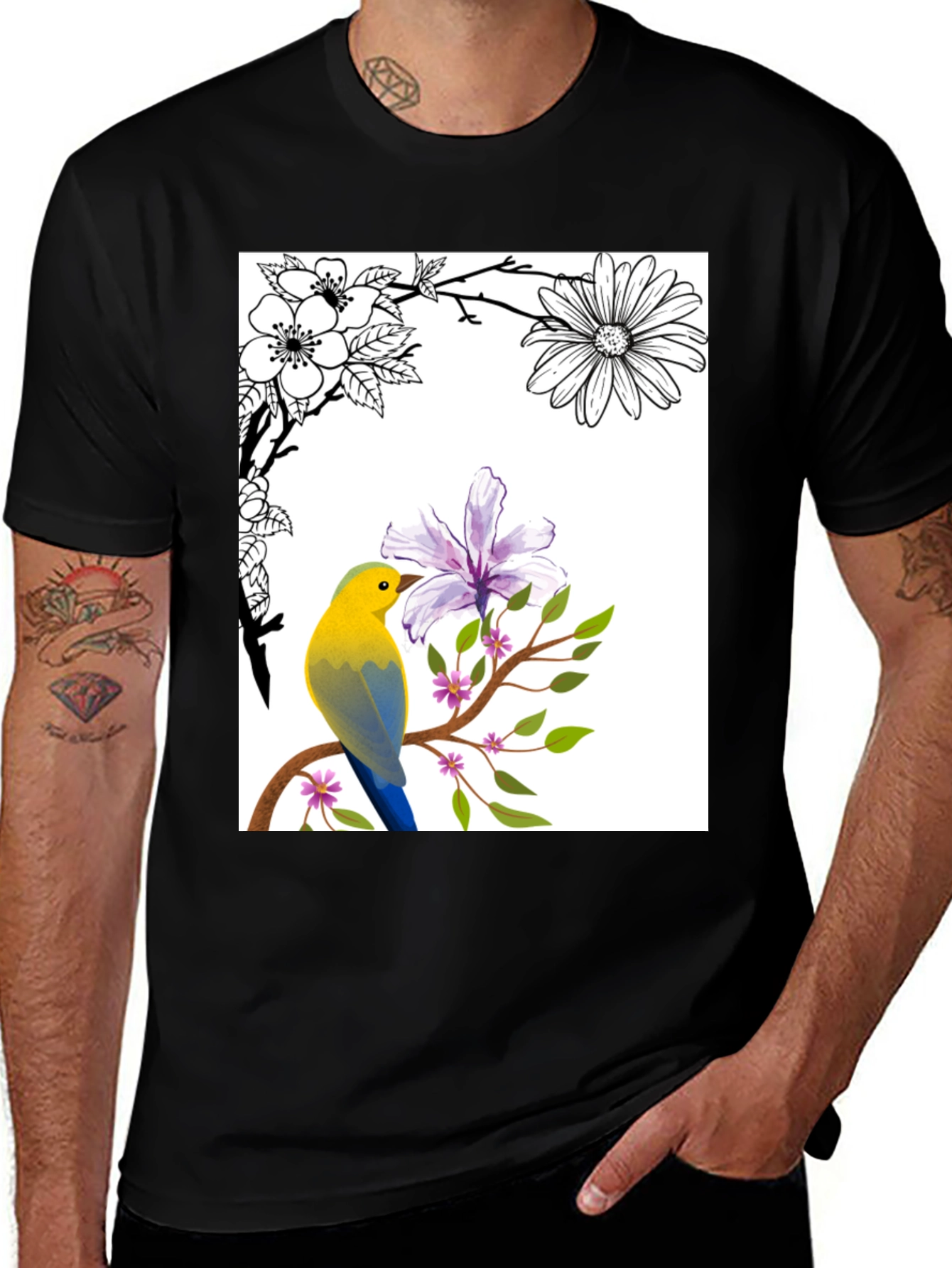 Floral Bird T-Shirt - Stylish Nature Graphic Tee
