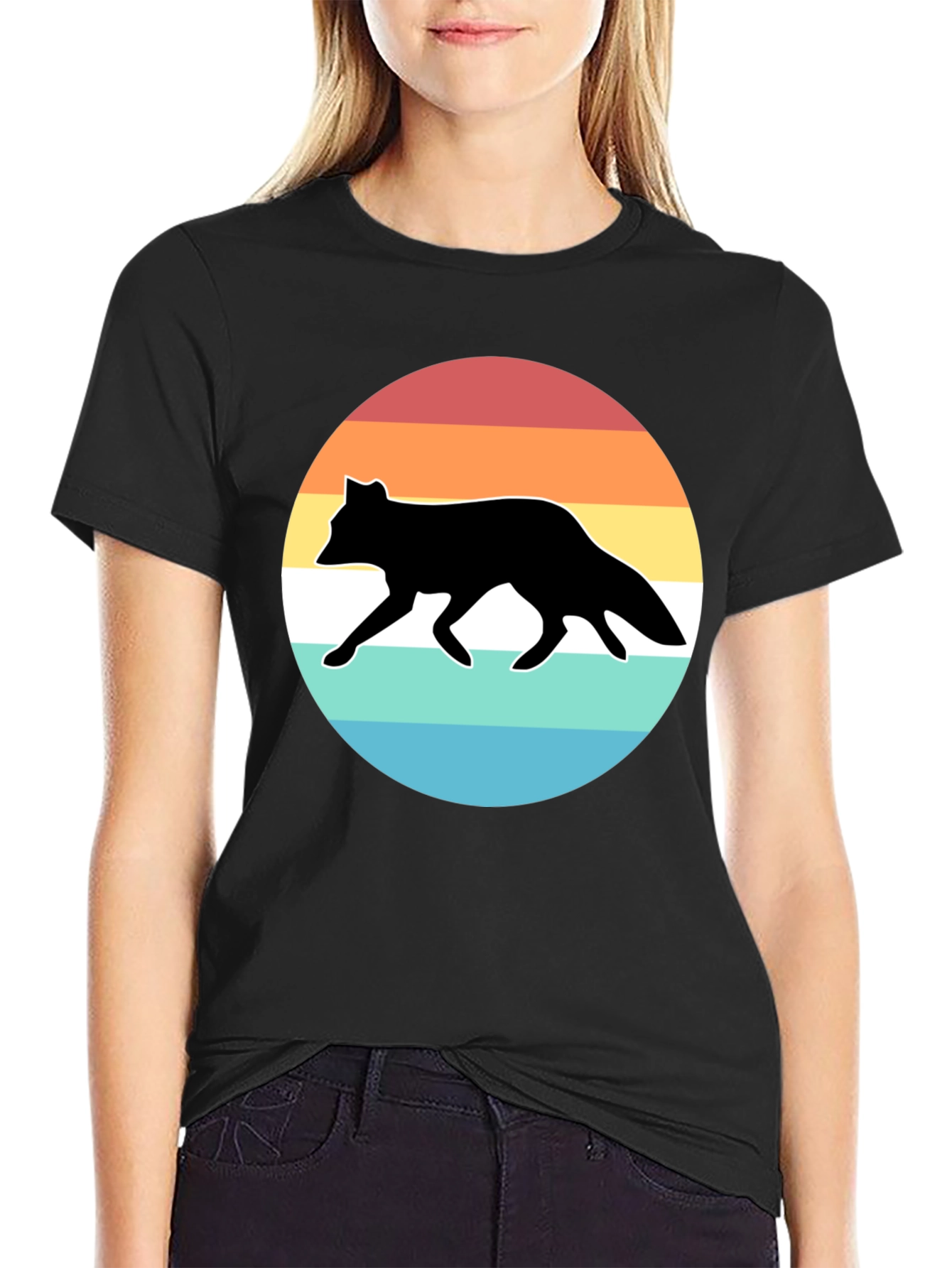 Retro Fox Sunset Graphic Tee - Black