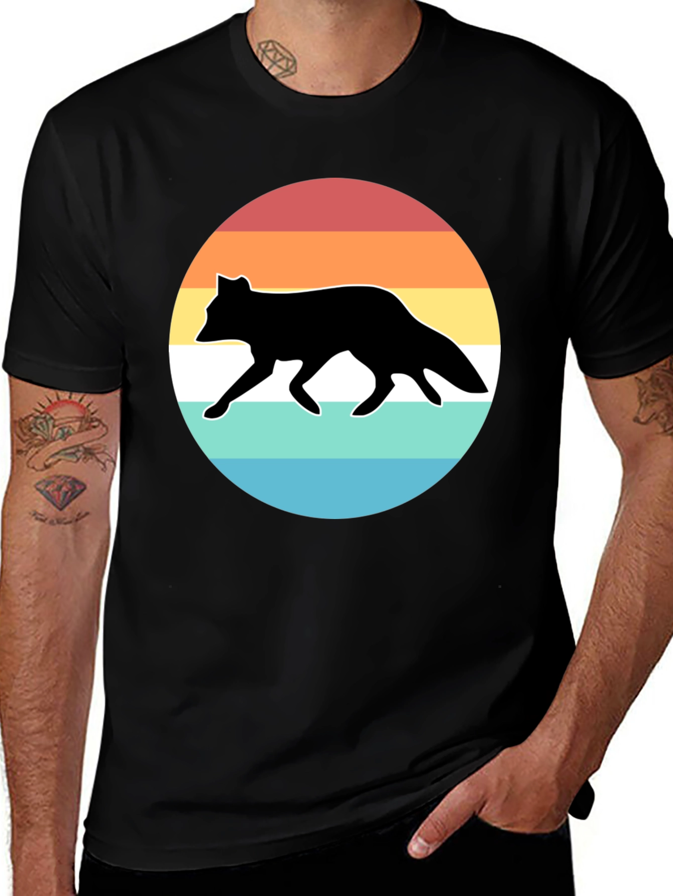 Retro Fox Sunset Graphic Tee - Black