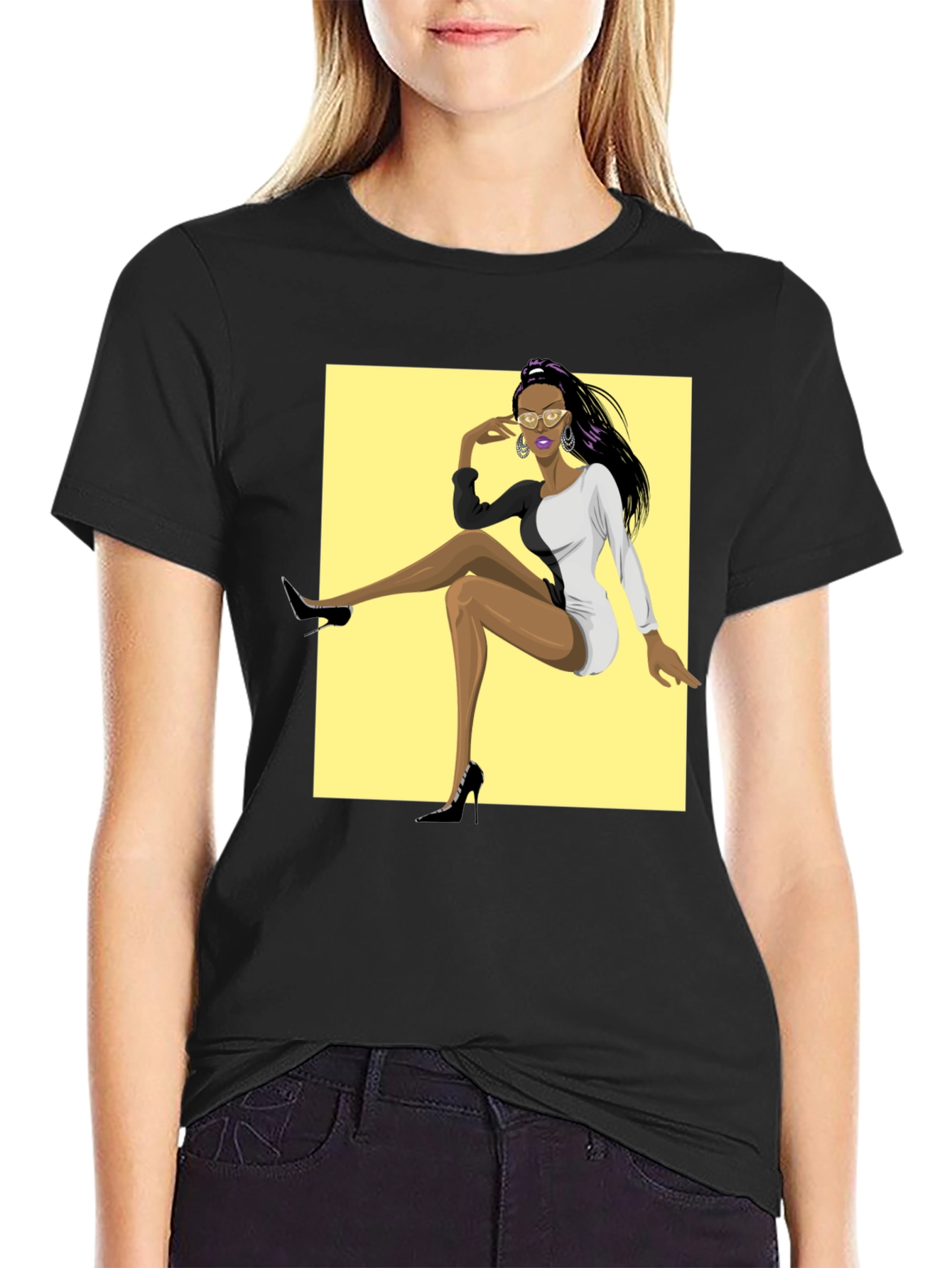Trendy Graphic Tee - Woman in Two-Tone Dress