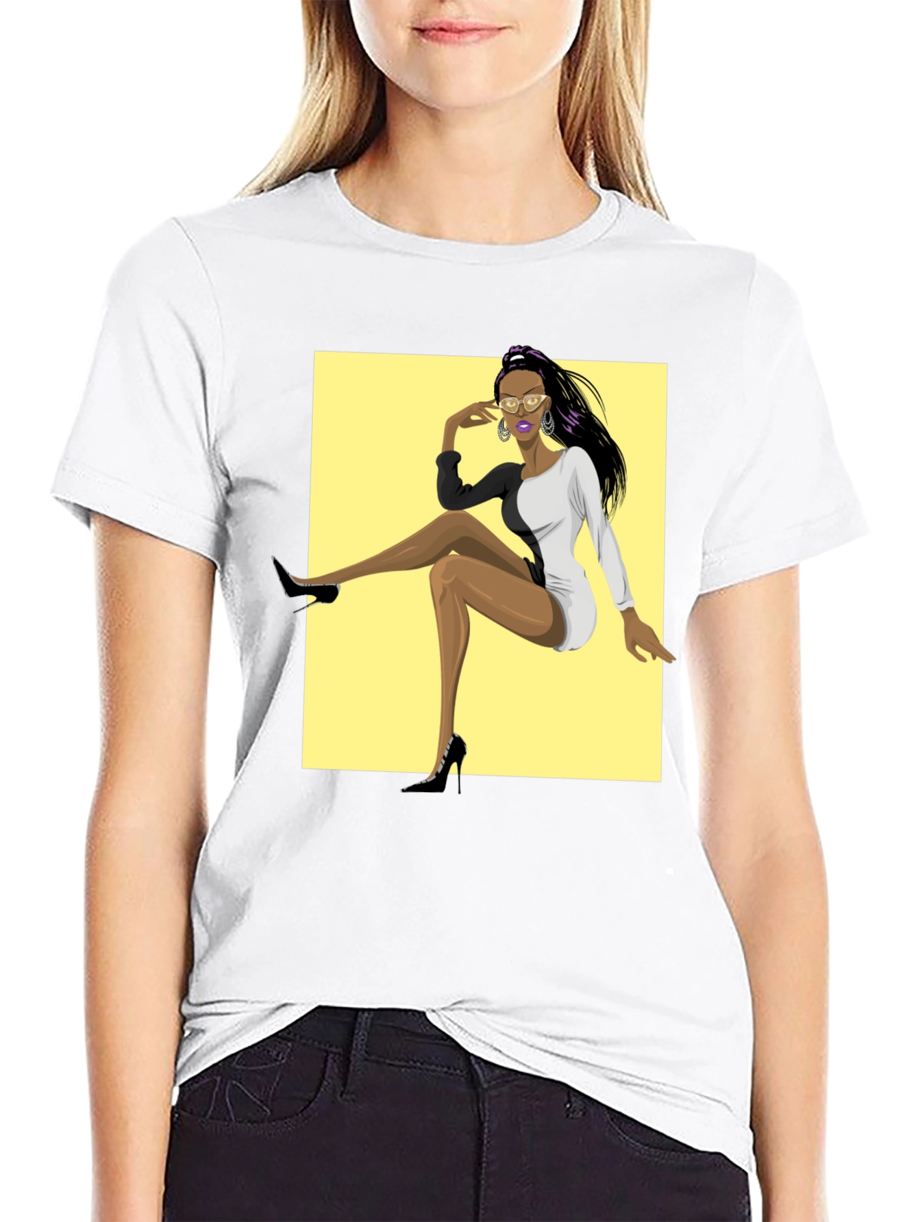 Trendy Graphic Tee - Woman in Two-Tone Dress