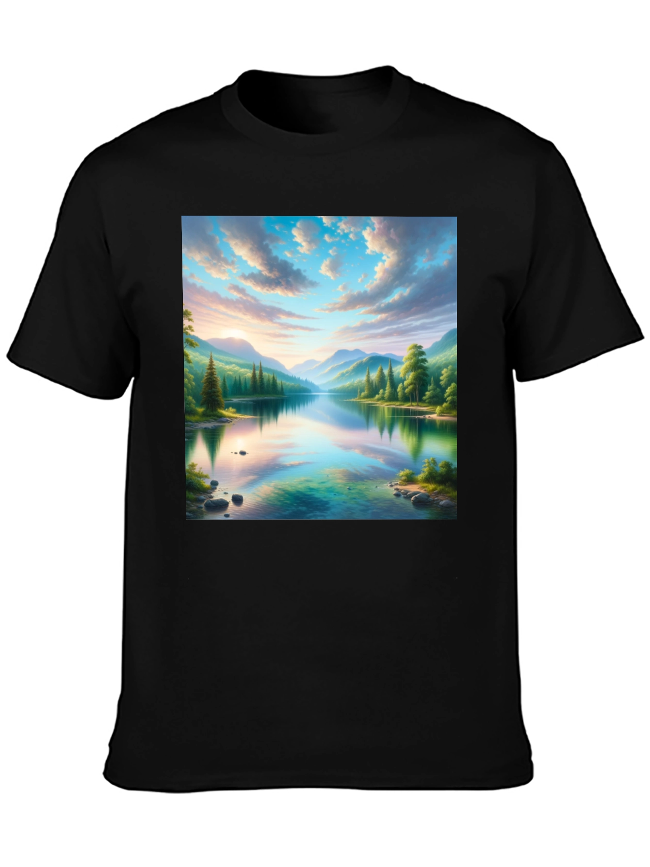 Scenic Mountain Lake Graphic Tee - Soft Black Cotton