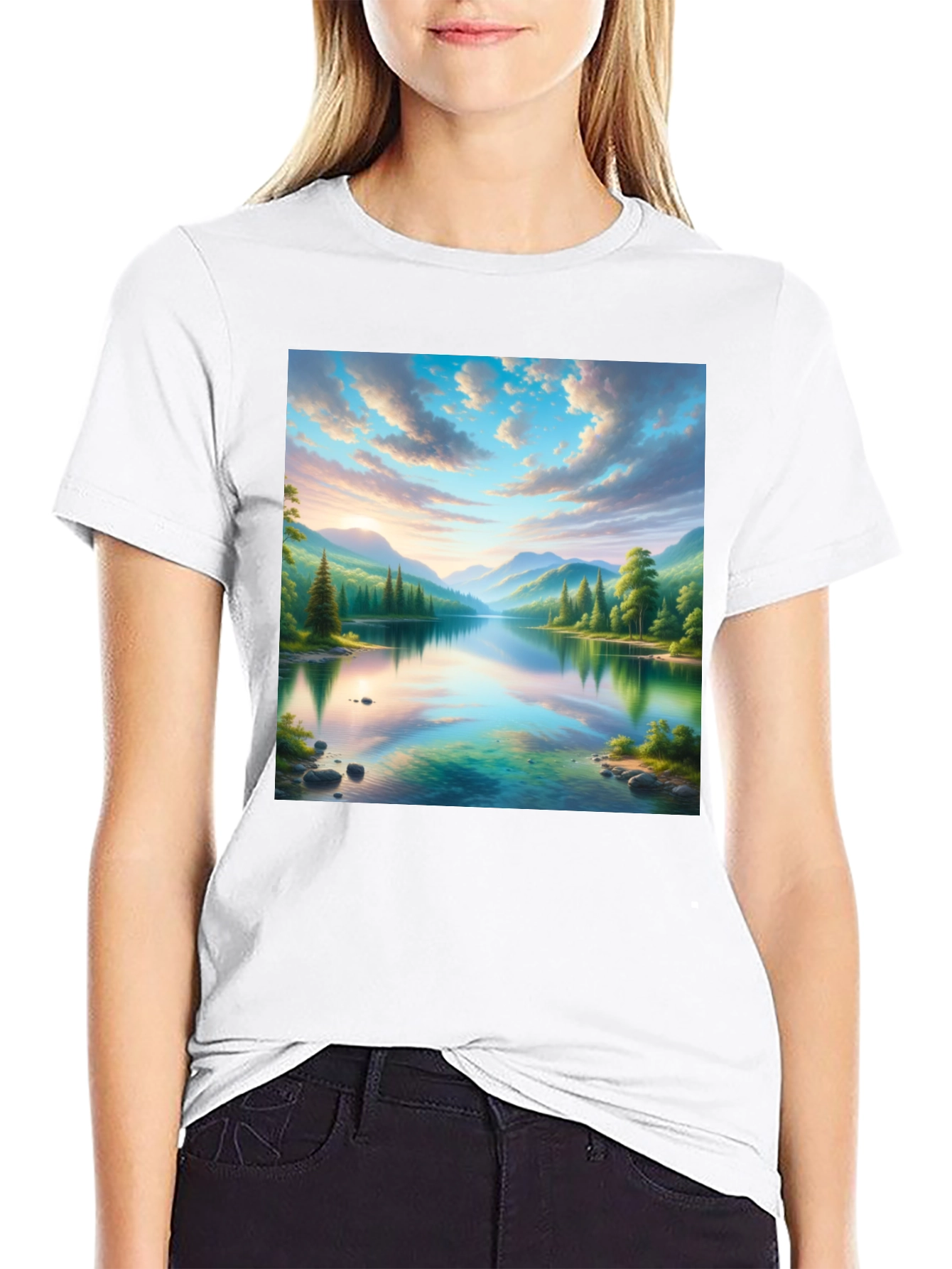 Scenic Mountain Lake Graphic Tee - Soft Black Cotton