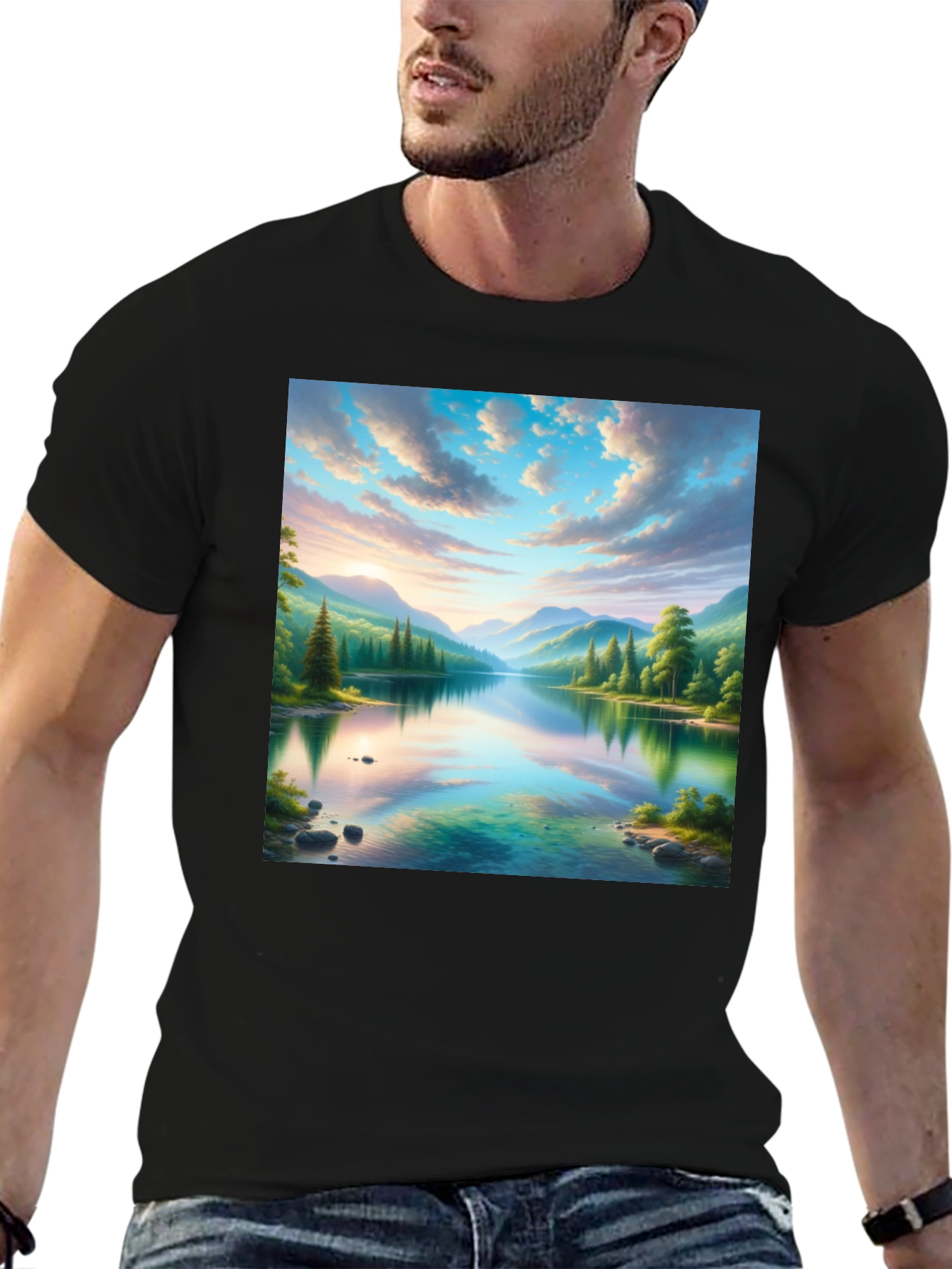 Scenic Mountain Lake Graphic Tee - Soft Black Cotton