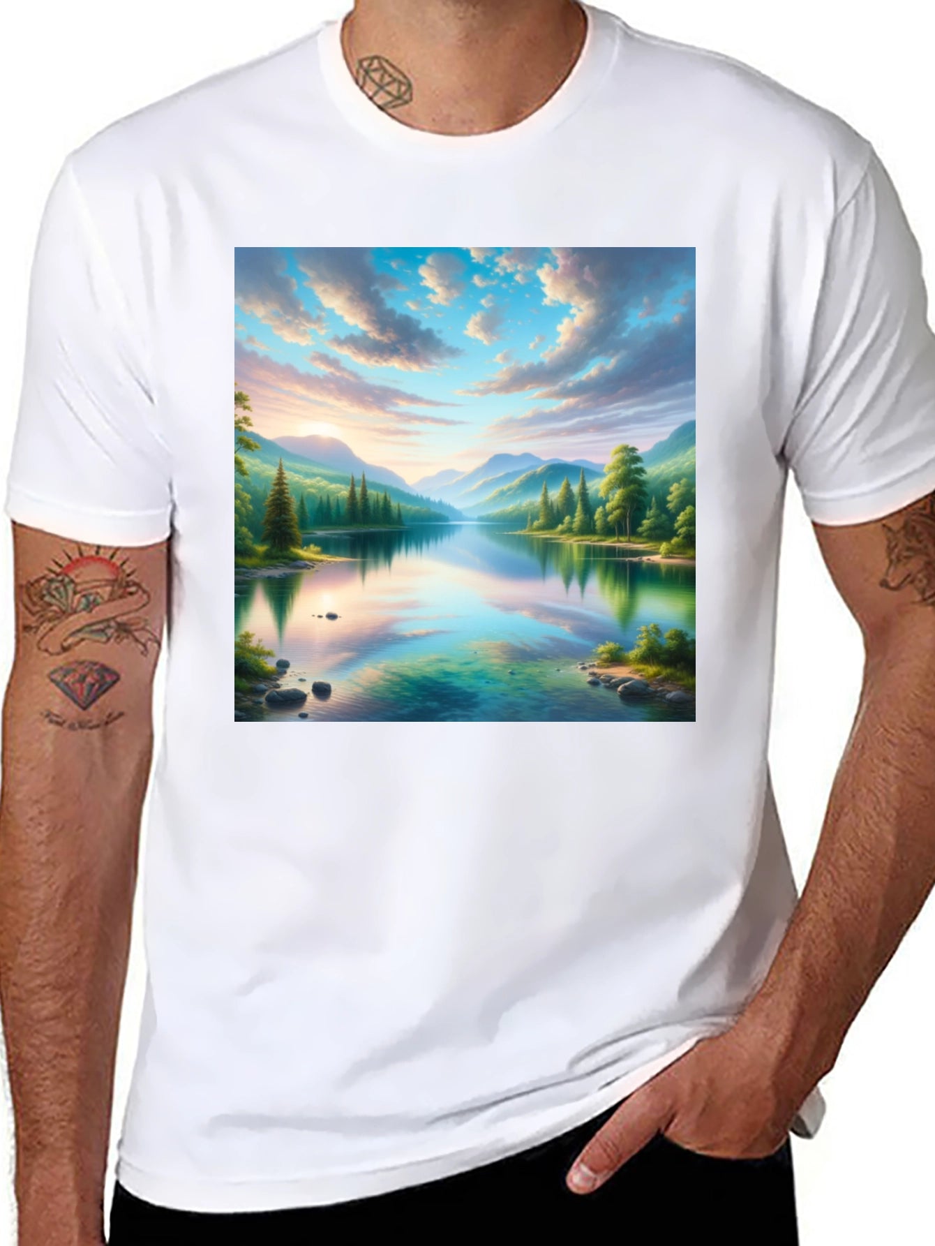 Scenic Mountain Lake Graphic Tee - Soft Black Cotton