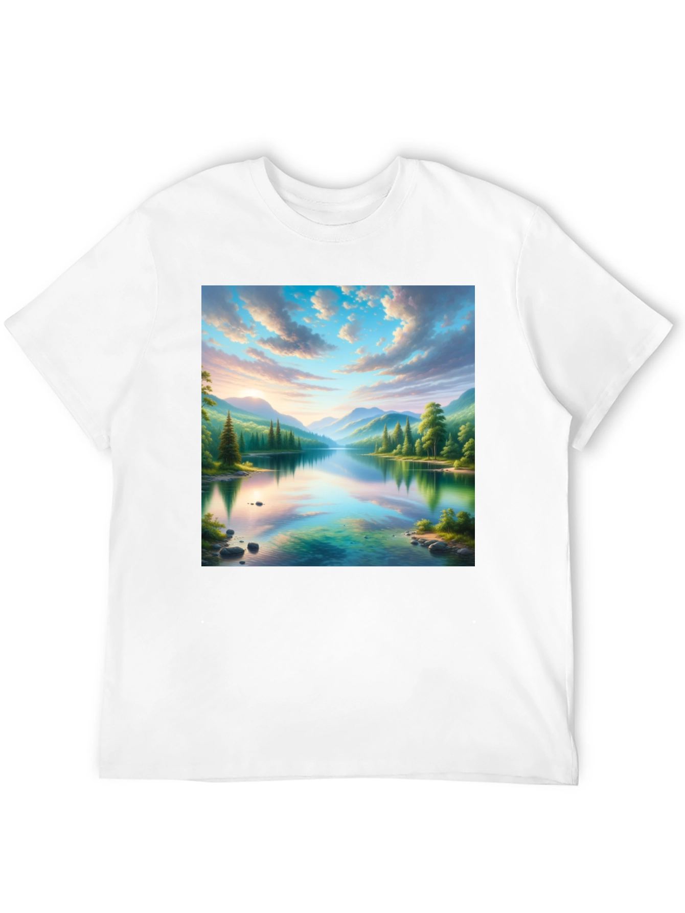 Scenic Mountain Lake Graphic Tee - Soft Black Cotton