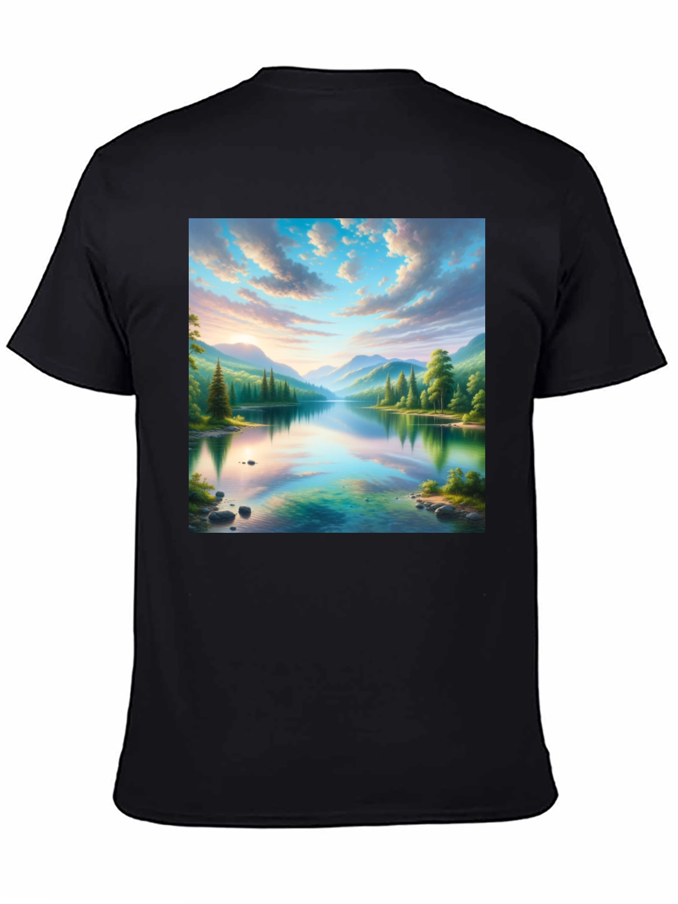 Scenic Mountain Lake Graphic Tee - Soft Black Cotton