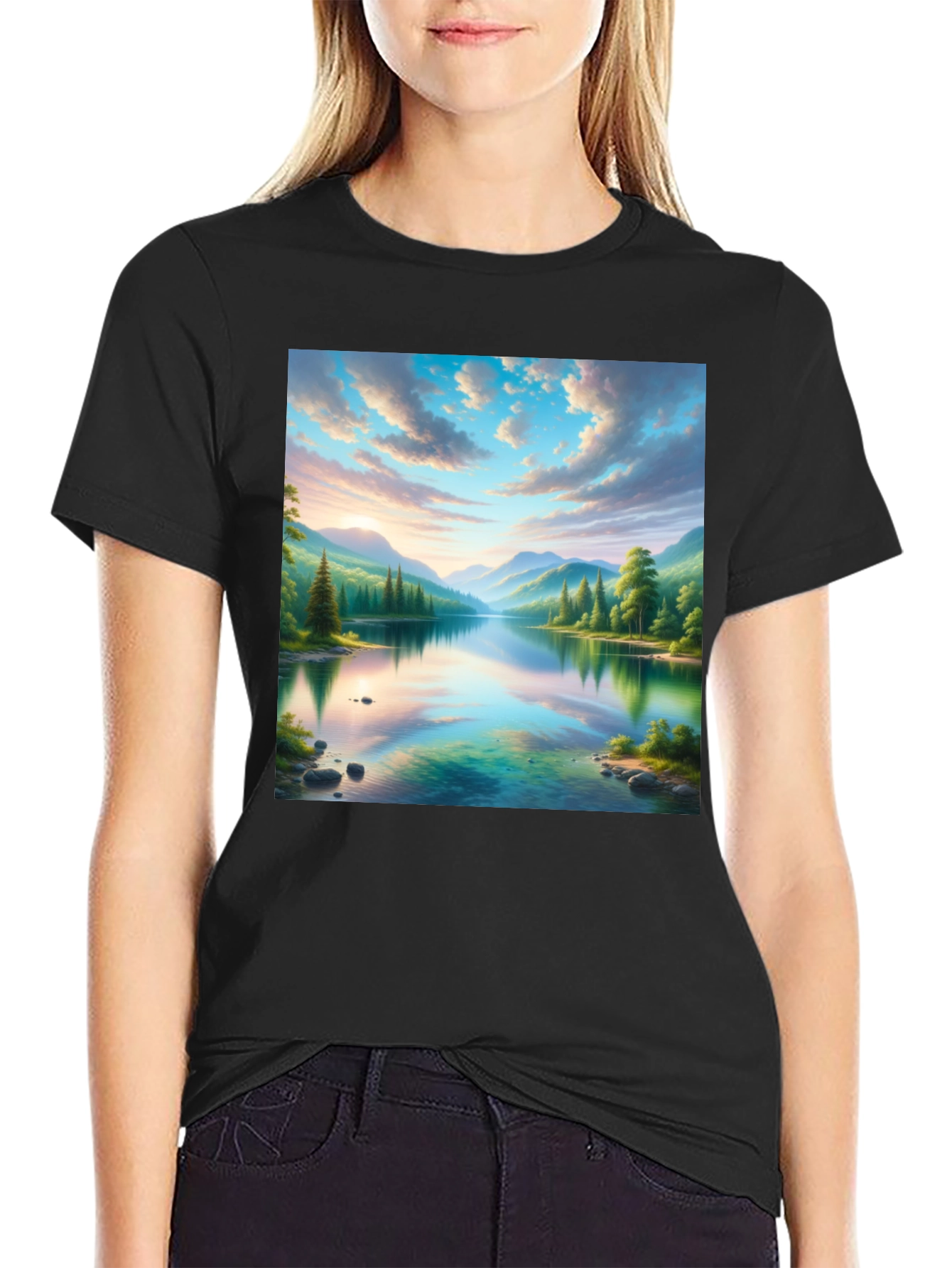 Scenic Mountain Lake Graphic Tee - Soft Black Cotton