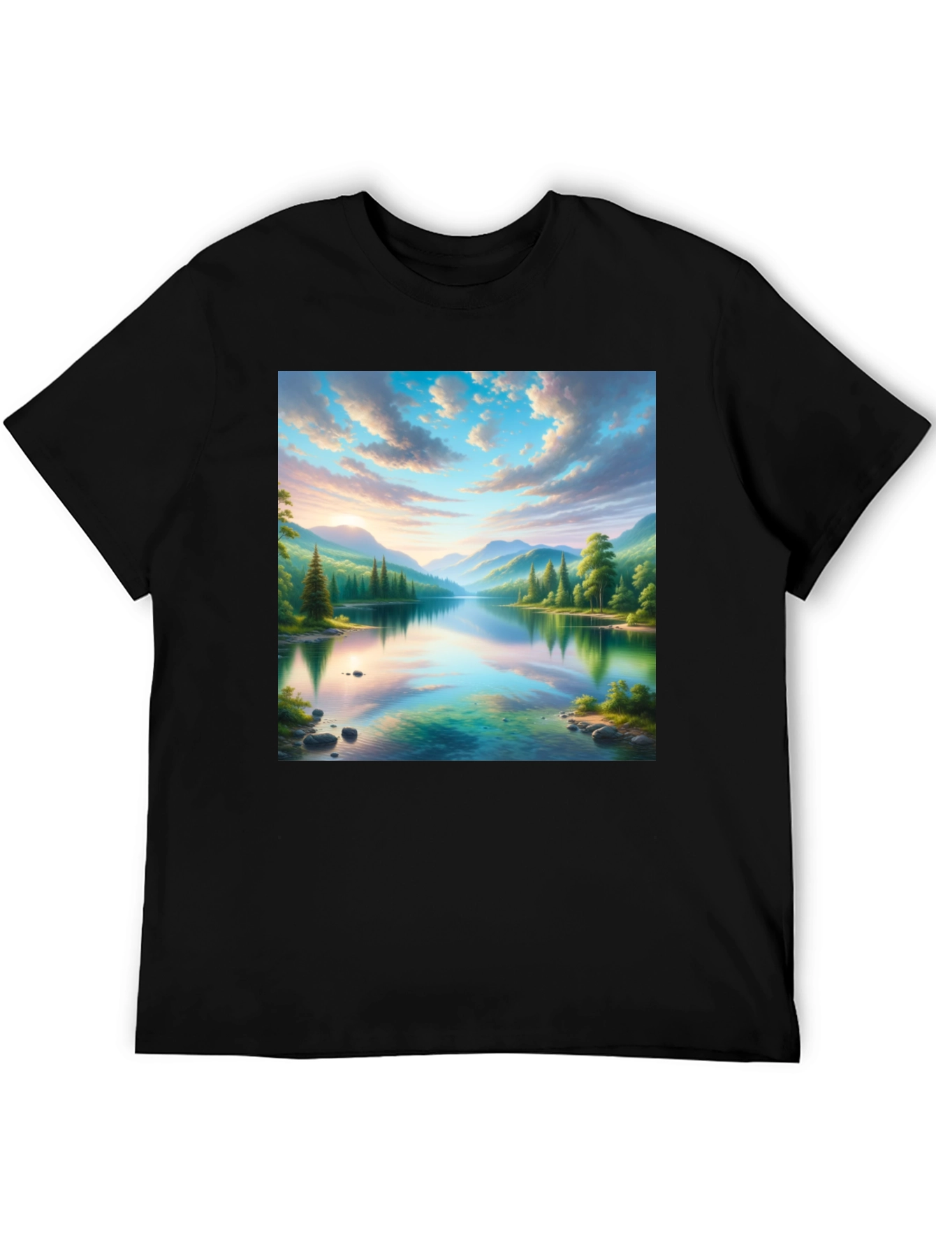 Scenic Mountain Lake Graphic Tee - Soft Black Cotton