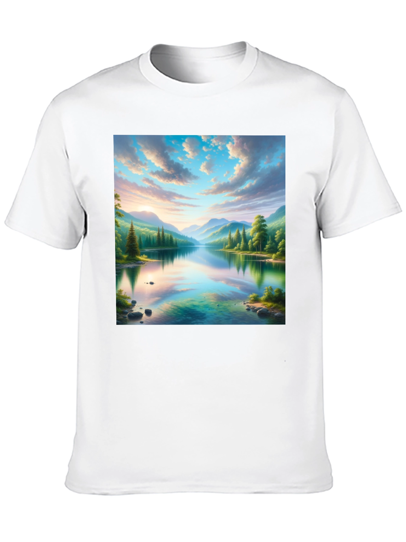Scenic Mountain Lake Graphic Tee - Soft Black Cotton
